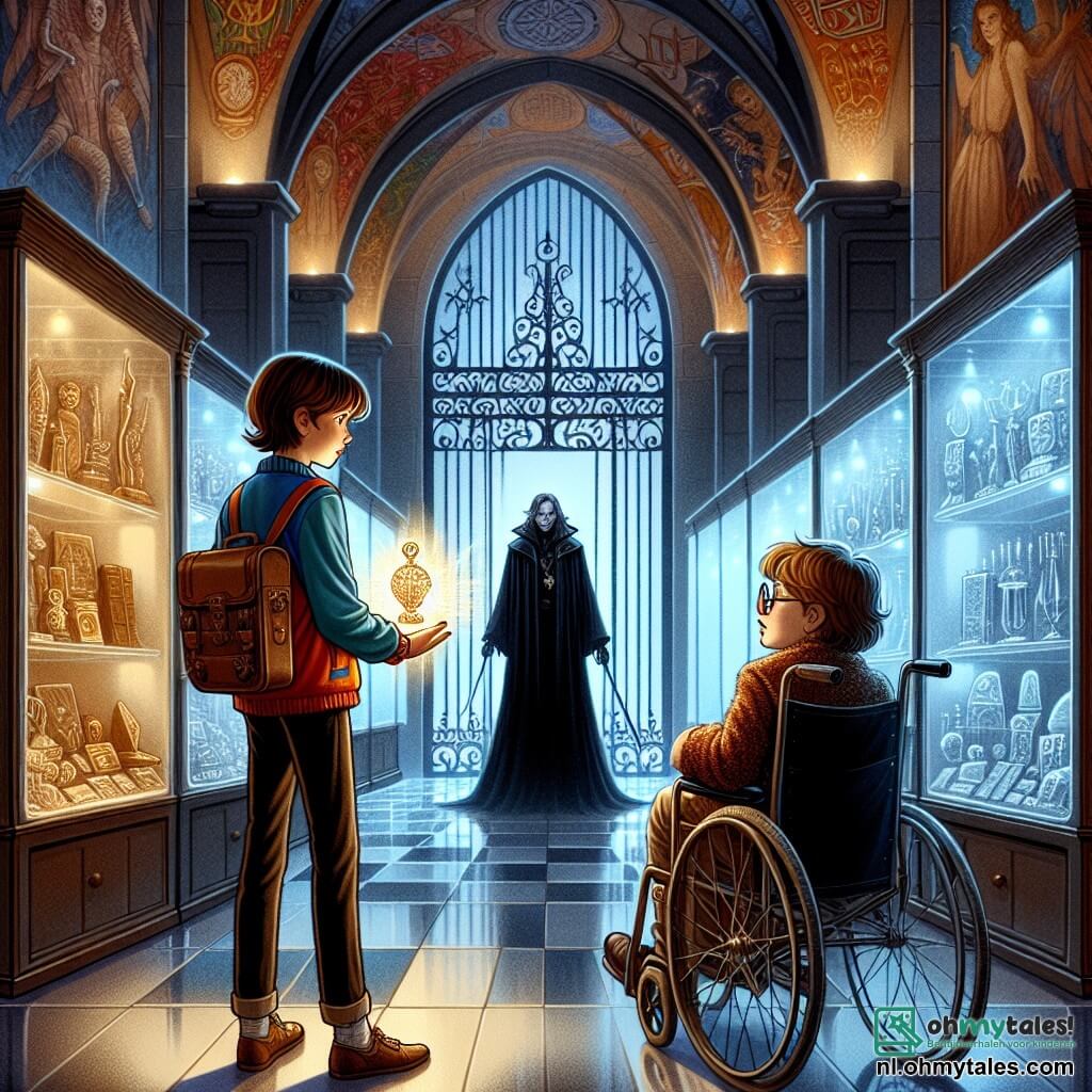 Illustratie van een mysterieuze scène in een grote museumzaal, waar hoge glazen vitrines glinsteren onder het gedimde licht. De muren zijn versierd met oude fresco's en magische runen, terwijl een grote smeedijzeren deur aan de achterkant staat, omringd door onheilspellende schaduwen. Twee jonge detectives staan in het midden van de ruimte: een veertienjarig meisje met kastanjebruin haar in een paardenstaart, gekleed in een kleurrijke jas en praktische broek, houdt een glinsterend amulet in haar handen, haar gezicht verlicht door de ontdekking. Naast haar zit een veertienjarige jongen met ronde bril en tousled haar in een rolstoel, met verbaasde en bezorgde ogen, die de scène aandachtig observeert. De belangrijkste situatie toont het moment waarop ze een mysterieuze figuur in een zwarte mantel ontdekken, met doordringende ogen, die uit de schaduwen lijkt te komen, klaar om het amulet op te eisen. Bliksemflitsen van magische energie schitteren om hem heen, wat een gespannen en boeiende sfeer creëert. Oude boeken, magische artefacten en spinnenwebben voegen een vleugje mysterie toe aan de omgeving, terwijl een lichte mist in de lucht lijkt te zweven, wat het fantastische aspect van deze stedelijke scène benadrukt.