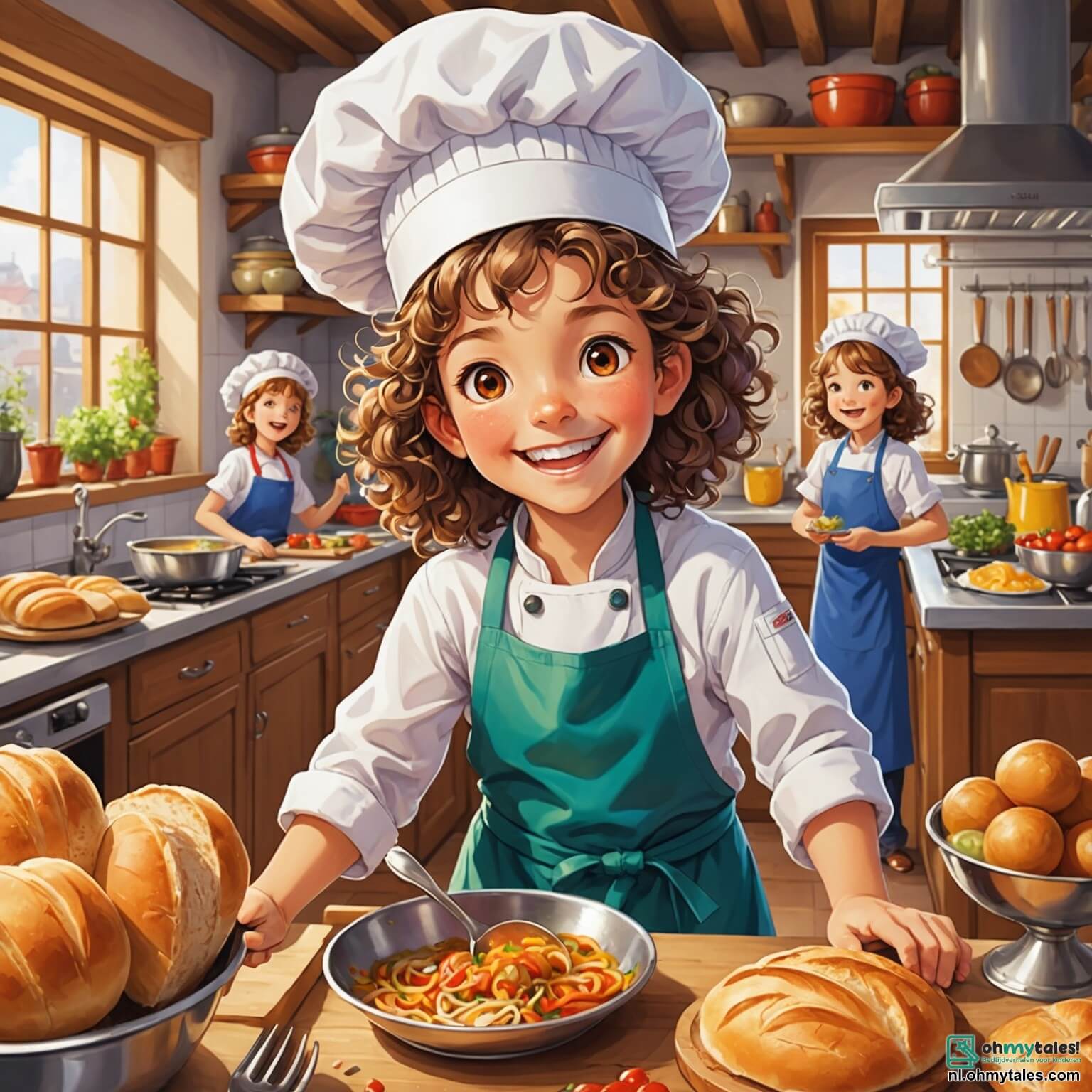 Une illustration destinée aux enfants représentant une chef cuisinière pétillante et pleine de vie, avec des cheveux bouclés et un sourire éclatant, vêtue d'une toque blanche et d'un tablier coloré, qui se trouve dans une cuisine animée et chaleureuse, où l'odeur alléchante de pain frais et de sauces mijotées flotte dans l'air, entourée de trois enfants joyeux, une fille aux cheveux longs et ondulés, un garçon aux lunettes et un autre garçon avec une grande passion pour les pizzas, tous impatients d'apprendre à concocter de délicieuses recettes ensemble, dans le cadre d'un restaurant charmant aux murs peints de couleurs vives et décoré de pots d'herbes aromatiques et de tableaux de plats savoureux.