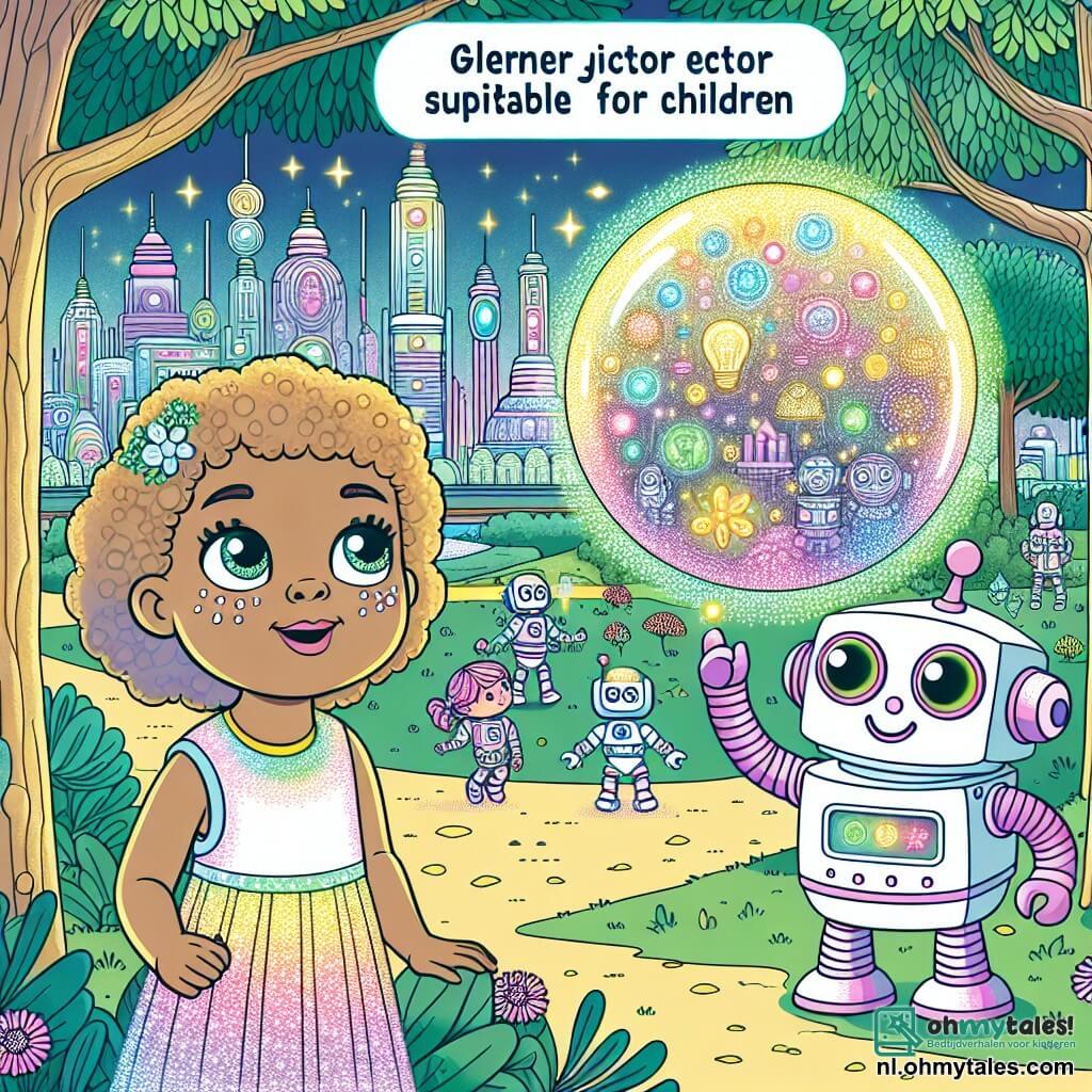 Une illustration sous forme de dessin destinée aux enfants représentant un parc futuriste de Glimmerstad, avec des arbres aux feuilles scintillantes et des robots colorés jouant avec des enfants, où une petite fille de 3 ans aux cheveux bouclés et aux yeux pétillants, vêtue d'une robe lumineuse, observe avec émerveillement une grande bulle flottante remplie d'idées, tandis qu'un petit robot amical, avec un sourire et des yeux brillants, lui explique comment les pensées peuvent s'envoler vers le ciel pour inspirer les autres.