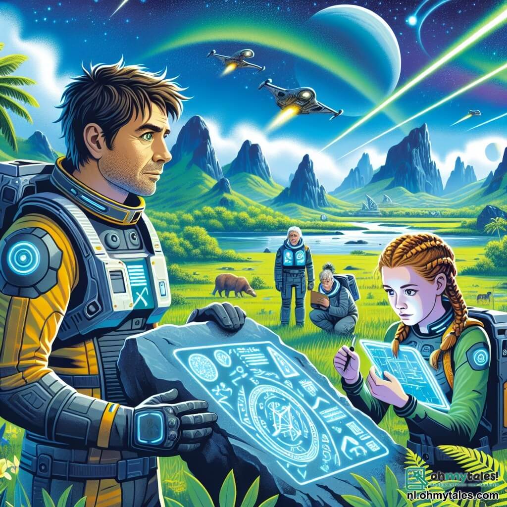 Illustratie van een scène op de planeet Nova Terra, waar uitgestrekte groene landschappen zich uitstrekken tot aan de horizon, bezaaid met majestueuze bergen en glinsterende rivieren onder een stralende blauwe lucht. Op de voorgrond staat een man van ongeveer dertig jaar, met rommelig bruin haar en een futuristisch ruimtepak, die verwonderd de mysterieuze ruïnes van een oude beschaving observeert, zijn ogen stralend van nieuwsgierigheid. Naast hem staat een jonge vrouw van ongeveer 25 jaar, met gevlochten blond haar en een veiligheidsbril op haar voorhoofd, die aantekeningen maakt op een holografische tablet, geconcentreerd op de inscripties op een oude steen. Op de achtergrond verkennen crewleden, een man van ongeveer 40 jaar met een grijze baard en een vrouw van een jaar of twintig met rood haar, de omgeving, waarbij ze vreemde planten onderzoeken en monsters nemen. De belangrijkste situatie toont de groep die de overblijfselen van een vergeten cultuur ontdekt, omringd door de wilde schoonheid van Nova Terra, met grafische elementen zoals kleurrijke planten, met klimop bedekte stenen structuren en exotische dieren die van een afstand toekijken.