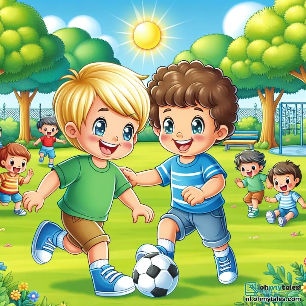 Une illustration sous forme de dessin destinée aux enfants représentant un parc ensoleillé avec des arbres verdoyants et une grande pelouse, où un garçon de 7 ans aux cheveux blonds et aux yeux pétillants, portant un T-shirt bleu et des sneakers, s'amuse à jouer au football avec un autre garçon de 7 ans aux cheveux bruns et bouclés, tous deux riant et souriant, tandis qu'un groupe d'enfants les regarde avec enthousiasme, illustrant ainsi la joie de l'amitié et le plaisir de jouer ensemble.