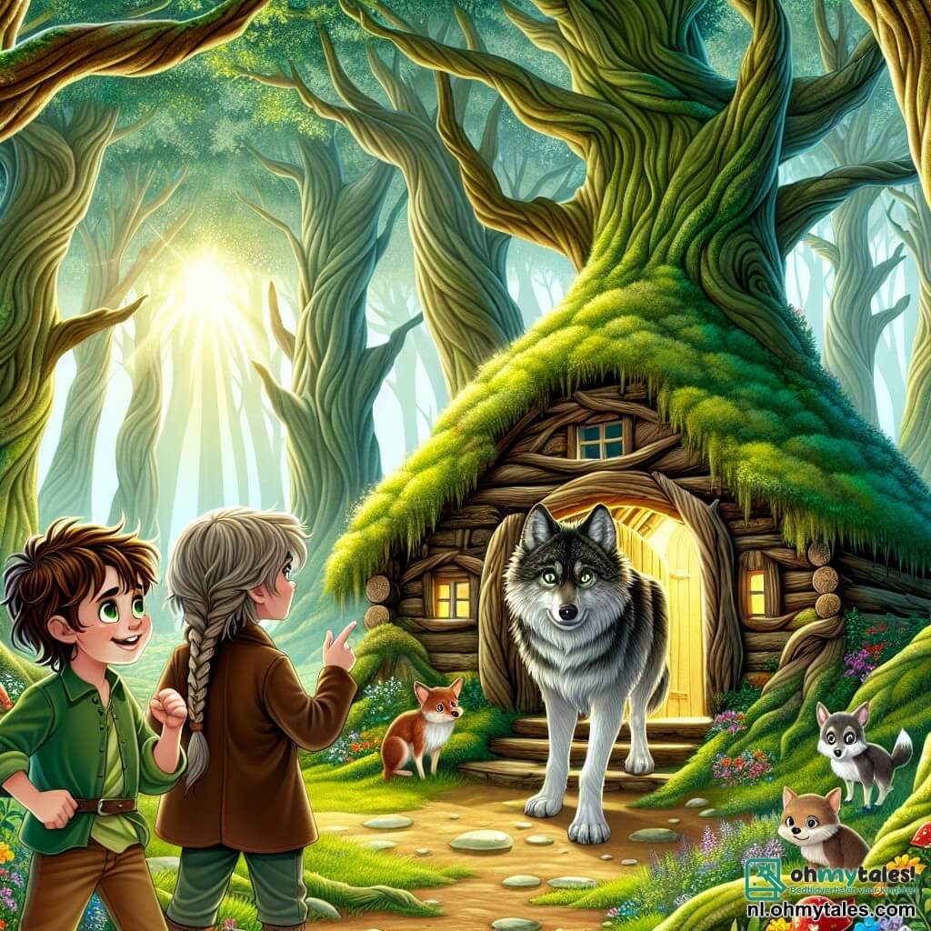 Illustratie van een magische scène in een betoverd bos, waar grote bomen met knoestige stammen naar de lucht reiken, hun felgroene bladeren het zonlicht filterend. In het midden staat een oud houten huisje, bedekt met mos, in een open plek verlicht door gouden licht, omringd door kleurrijke bloemen en nieuwsgierige kleine dieren. In deze scène staat een jongen van ongeveer 10 jaar, met rommelig bruin haar en glinsterende nieuwsgierige ogen, moedig voor de deur van het huisje met zijn handen op zijn heupen, met een vastberaden uitdrukking. Naast hem staat een meisje van ongeveer 9 jaar, met gevlochten blond haar en een zelfverzekerde glimlach, die met een vinger naar het huisje wijst, klaar om haar vriend aan te moedigen. Voor hen staat een grote wolf met een grijs en zwart vacht, met heldere en expressieve ogen, bij de ingang van het huisje. Zijn blik is zowel verdrietig als vol hoop, alsof hij op zoek is naar een kans om zich te verlossen. De belangrijkste situatie toont de kinderen die de wolf confronteren, klaar om naar zijn verhaal te luisteren en de waarheid achter de legendes die hem omringen te ontdekken. Stralen van licht breken door de bomen heen en creëren een magische en mysterieuze sfeer, terwijl kleurrijke vogels om hen heen vliegen en een vleugje leven aan deze onverwachte ontmoeting toevoegen.