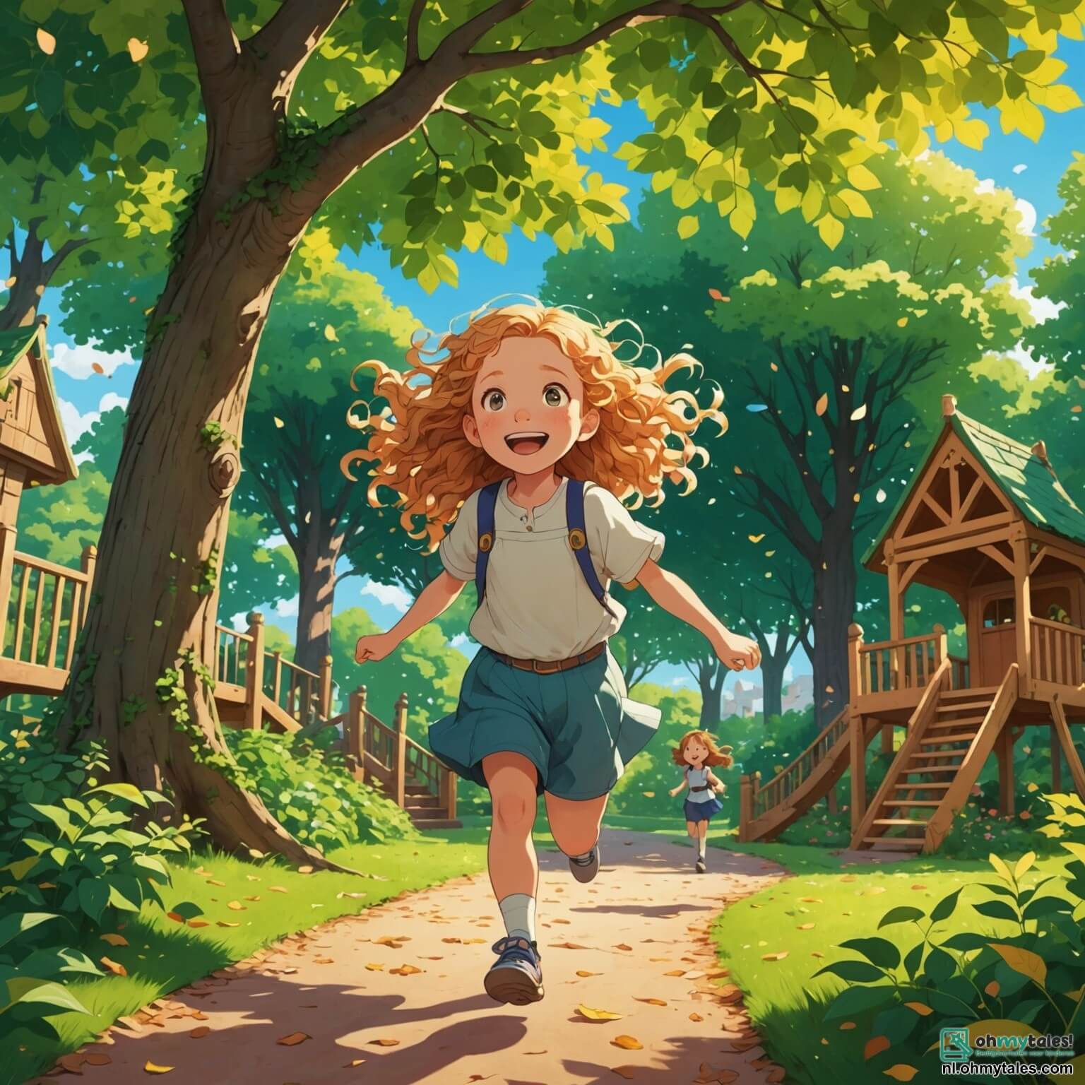 Une illustration destinée aux enfants représentant une petite fille aux cheveux bouclés et dorés, rayonnante de joie et d'énergie, courant à travers une charmante et colorée aire de jeux entourée de grands arbres aux feuilles vertes et brillantes, où elle se lie d'amitié avec une nouvelle voisine, une fille aux longues tresses brunes et aux yeux pétillants, alors qu'elles s'installent dans un fort fait de branches et de feuilles, partageant des rires et des secrets sous le doux soleil d'une journée d'été, tandis qu'un groupe d'enfants, dont un garçon à la casquette rouge et une fille aux couettes, les observe avec curiosité et enthousiasme, tous unis par le fil invisible de l'amitié naissante.
