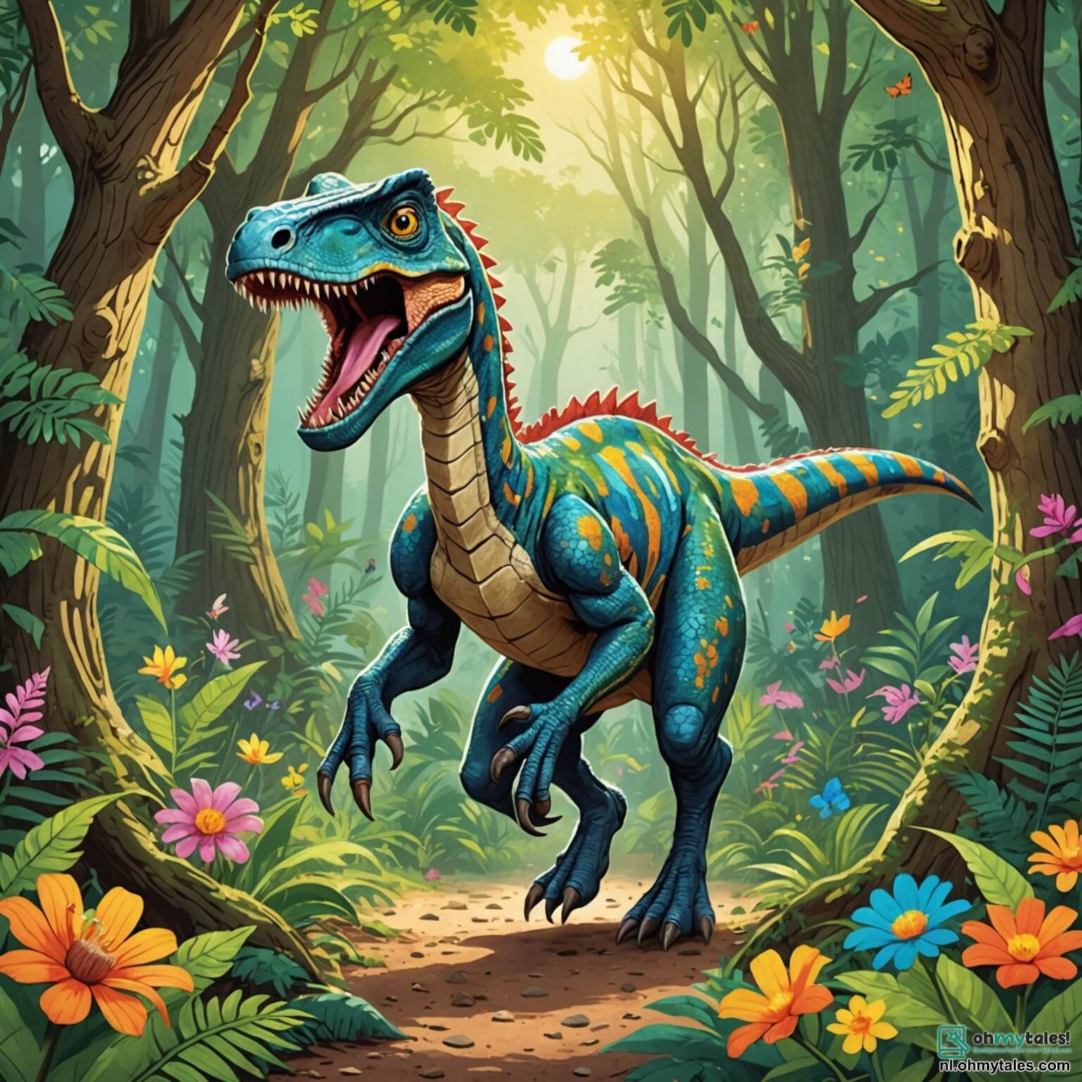 Une illustration destinée aux enfants représentant un vélociraptor aux écailles scintillantes, aux yeux pétillants de curiosité, courant à toute vitesse à travers une forêt luxuriante où les rayons du soleil filtrent à travers le feuillage dense des arbres géants, parsemée de fleurs colorées qui dansent au gré du vent, tandis qu'il est accompagné de son ami triceratops, joyeux et plein d'énergie, tous deux sur le point de découvrir une mystérieuse grotte ornée de dessins anciens qui semblent raconter les histoires oubliées des dinosaures, dans un monde où l'aventure et l'amitié se mêlent à la magie des temps préhistoriques.