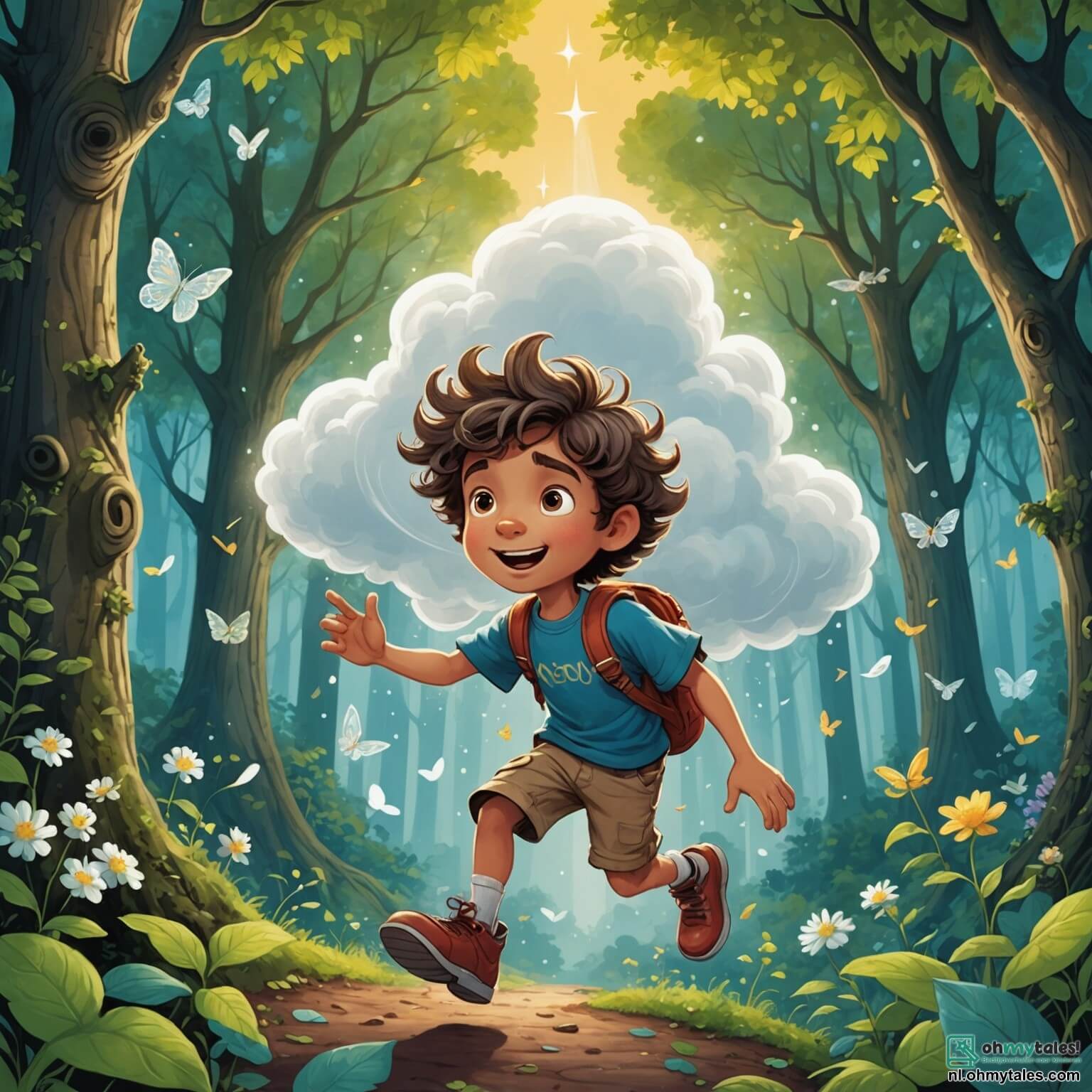 Une illustration destinée aux enfants représentant un garçon à la chevelure ébouriffée comme un nuage de coton, débordant d'énergie et de curiosité, se lançant dans une aventure hilarante à la recherche d'une mystérieuse potion magique au cœur d'une forêt enchantée où les arbres, hauts comme des gratte-ciels, sont ornés de feuilles scintillantes et de fleurs chantantes, tandis qu'une petite fée pétillante aux ailes scintillantes et un troll à la barbe touffue, à l'humour aussi décalé que sa taille, l'accompagnent dans cette quête farfelue, le tout baigné dans une lumière dorée qui danse à travers les branches, créant une atmosphère de magie et de rires.
