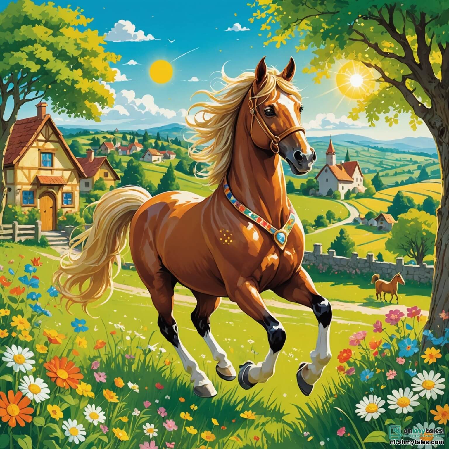 Une illustration destinée aux enfants représentant un majestueux cheval au pelage doré scintillant sous le soleil éclatant, galopant joyeusement à travers une prairie verdoyante parsemée de fleurs colorées dans un petit village pittoresque, où il se prépare à organiser un grand festin avec ses amis espiègles, un lapin malicieux aux grandes oreilles et une sage chouette perchée sur une branche d’un chêne imposant, tout en étant entouré de collines douces et d’un ciel bleu parsemé de nuages cotonneux.