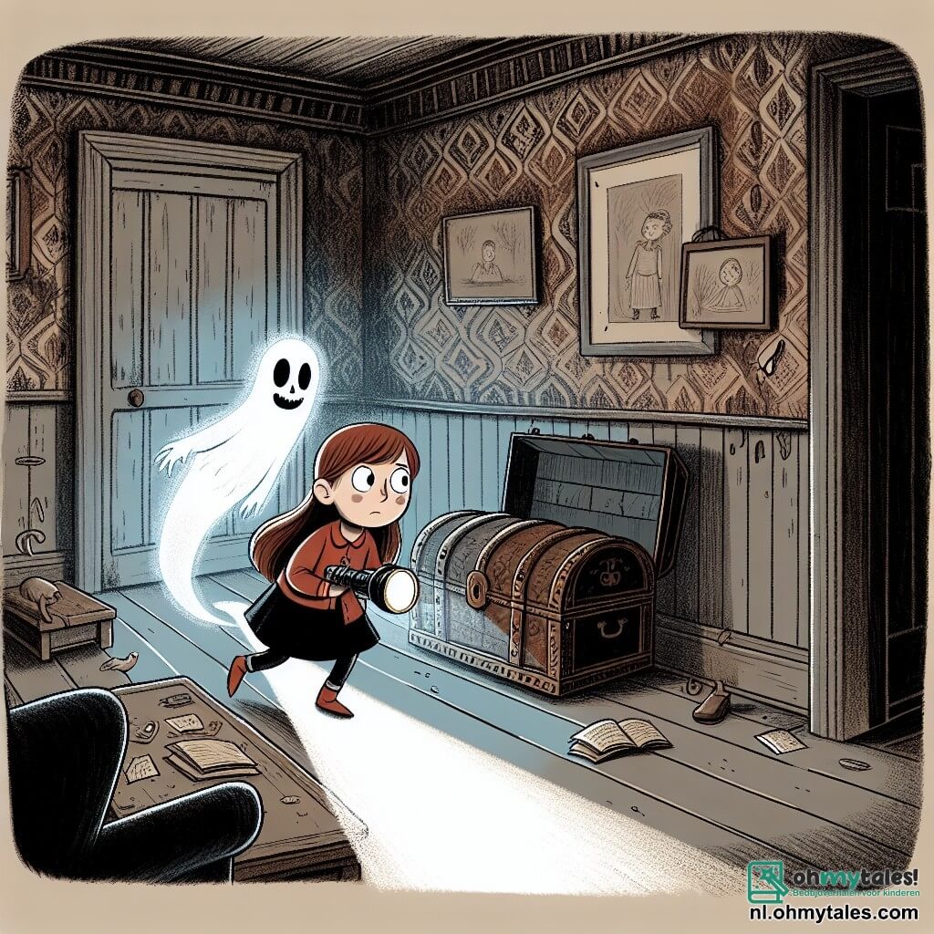Une illustration sous forme de dessin destinée aux enfants représentant l'intérieur d'une vieille maison sombre et décrépie, avec des murs couverts de papier peint déchiré et des meubles poussiéreux, où une fille de 11 ans aux longs cheveux châtain et aux yeux curieux, tenant une lampe de poche, explore avec détermination une pièce mystérieuse, tandis qu'un esprit éthéré, semblant être une jeune fille, flotte à ses côtés avec une expression mélancolique, alors qu'elles découvrent ensemble un vieux coffre au milieu de la pièce, symbolisant la quête de vérité et de liberté face à l'obscurité qui les entoure.