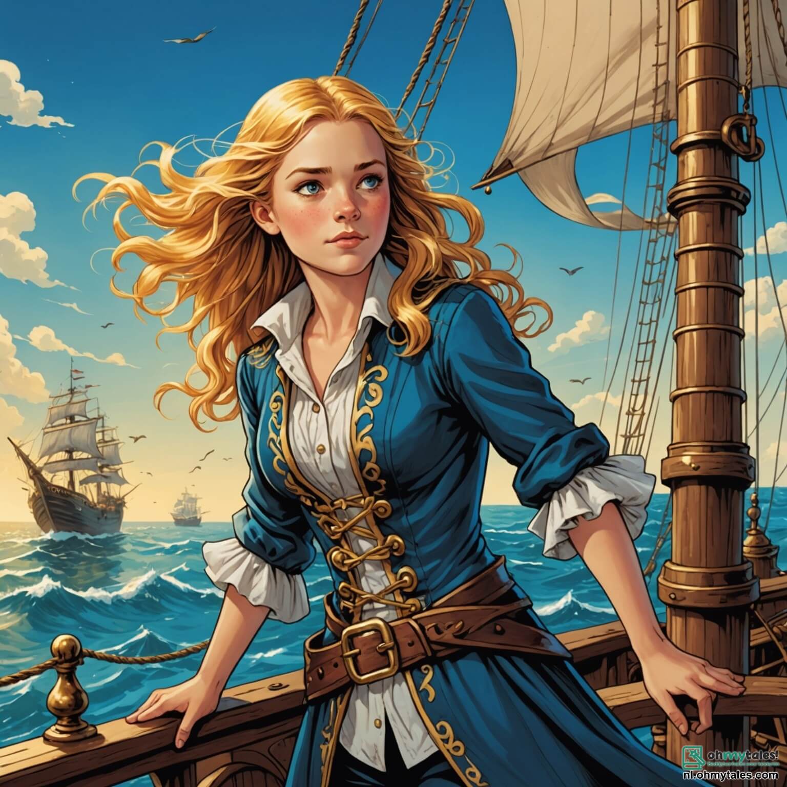 Une illustration destinée aux enfants représentant une jeune femme intrépide aux cheveux dorés flottant comme des vagues sous le vent, se tenant fièrement sur le pont d'un vieux navire de pirate, le regard tourné vers l'horizon où le ciel bleu rencontre la mer scintillante, entourée de ses fidèles amis : un garçon courageux aux yeux pétillants d'aventure et une fille astucieuse, les deux prêts à affronter des tempêtes et à déchiffrer des cartes mystérieuses, tandis qu'en arrière-plan se dessine une île verdoyante, ornée de palmiers dansants, de plages dorées et de grottes sombres promettant des trésors cachés, le tout baigné par la lumière dorée d'un soleil couchant qui illumine leur quête audacieuse.