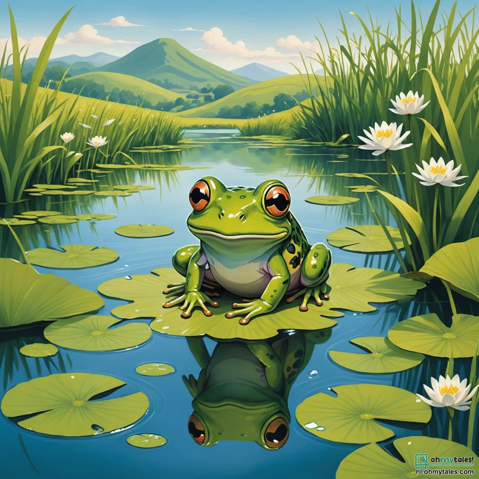 Une illustration destinée aux enfants représentant une petite grenouille aux yeux pétillants et à la peau d'un vert éclatant, sautillant joyeusement sur les rives d'une paisible et scintillante mare, entourée de nénuphars délicats et de roseaux dansants sous la brise légère, tandis qu'elle rêve de conquérir la grande colline verdoyante qui se dresse majestueusement à l'horizon, où l'attend son ami, une souris espiègle à la fourrure douce comme du velours, tous deux prêts à vivre une aventure palpitante et à aider des canards en détresse coincés dans la boue, le tout sous un ciel azur parsemé de nuages cotonneux.