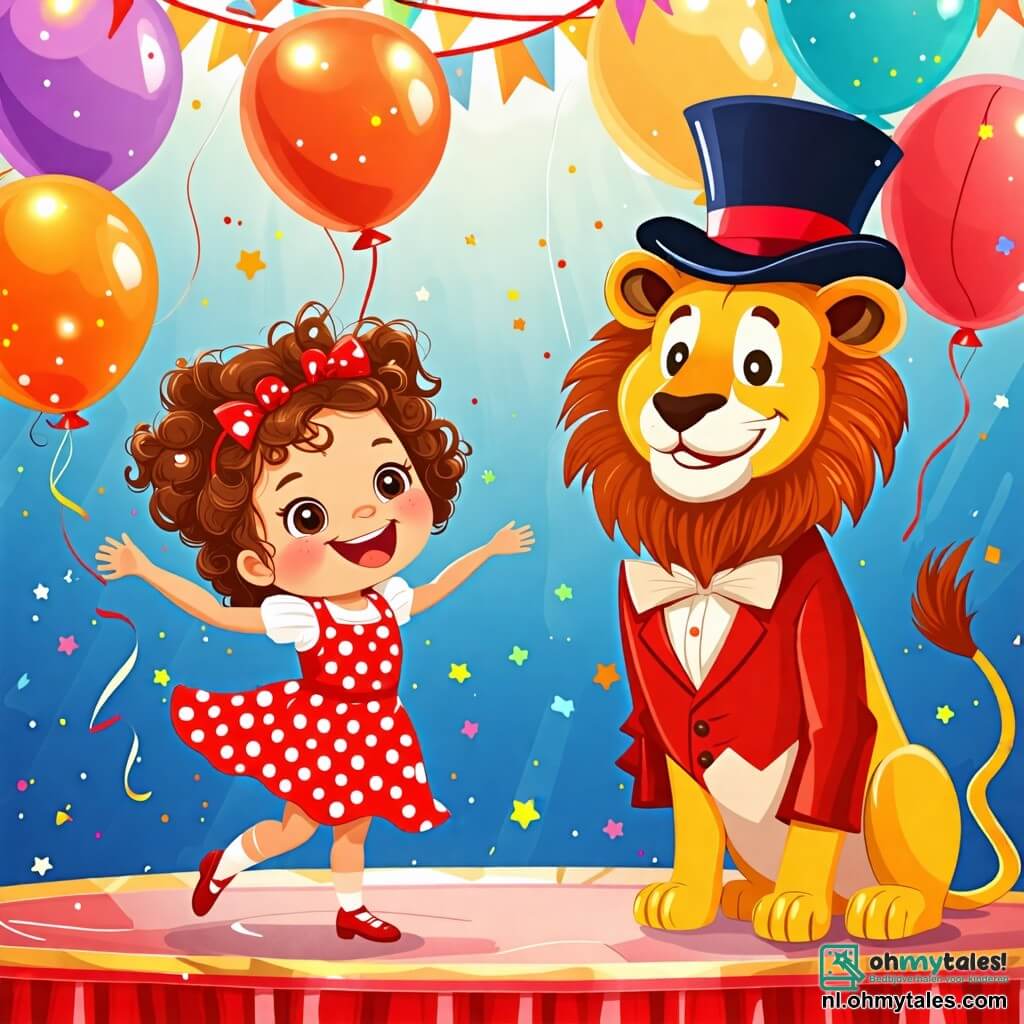 Une illustration sous forme de dessin destinée aux enfants représentant une scène colorée et animée d'un grand cirque, avec des lumières scintillantes et des ballons flottants dans les airs ; au centre, une petite fille de 2 ans aux cheveux bouclés et aux yeux pétillants, vêtue d'une robe à pois, dansant joyeusement avec un grand sourire, tandis qu'à ses côtés, un dompteur de cirque souriant, portant un chapeau haut de forme et une veste rouge, fait des gestes amusants, et un lion aux yeux doux, assis sur ses pattes arrière, les observe avec curiosité, créant une atmosphère de joie et d'émerveillement.