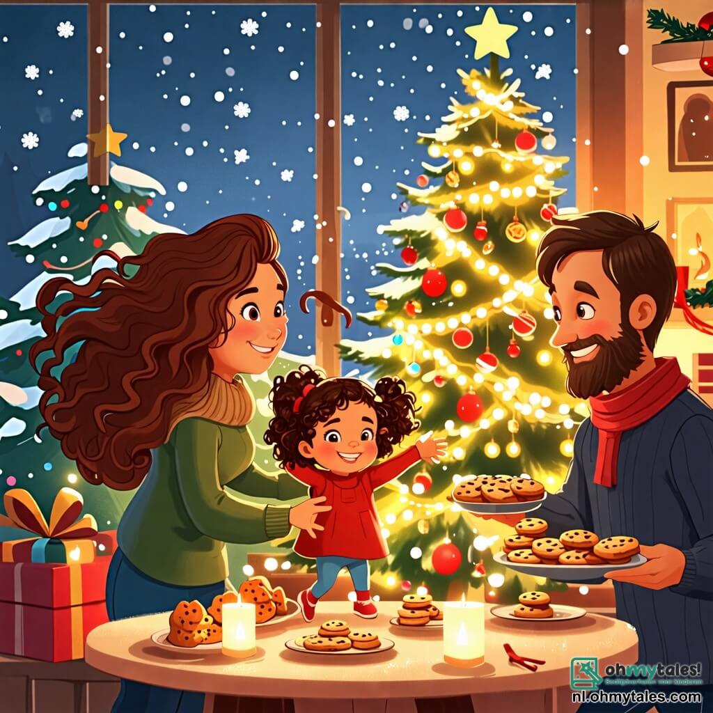 Une illustration sous forme de dessin destinée aux enfants représentant un salon chaleureux décoré pour Noël, avec une petite fille de 2 ans aux cheveux bouclés et aux yeux pétillants, en train de danser joyeusement autour d'un sapin illuminé, tandis que sa maman, une femme souriante aux cheveux longs et bruns, prépare des cookies sur la table, et son papa, un homme jovial avec une barbe, entre dans la pièce en tenant une assiette de biscuits, le tout baigné dans une douce lumière dorée et entouré de flocons de neige visibles à travers la fenêtre.