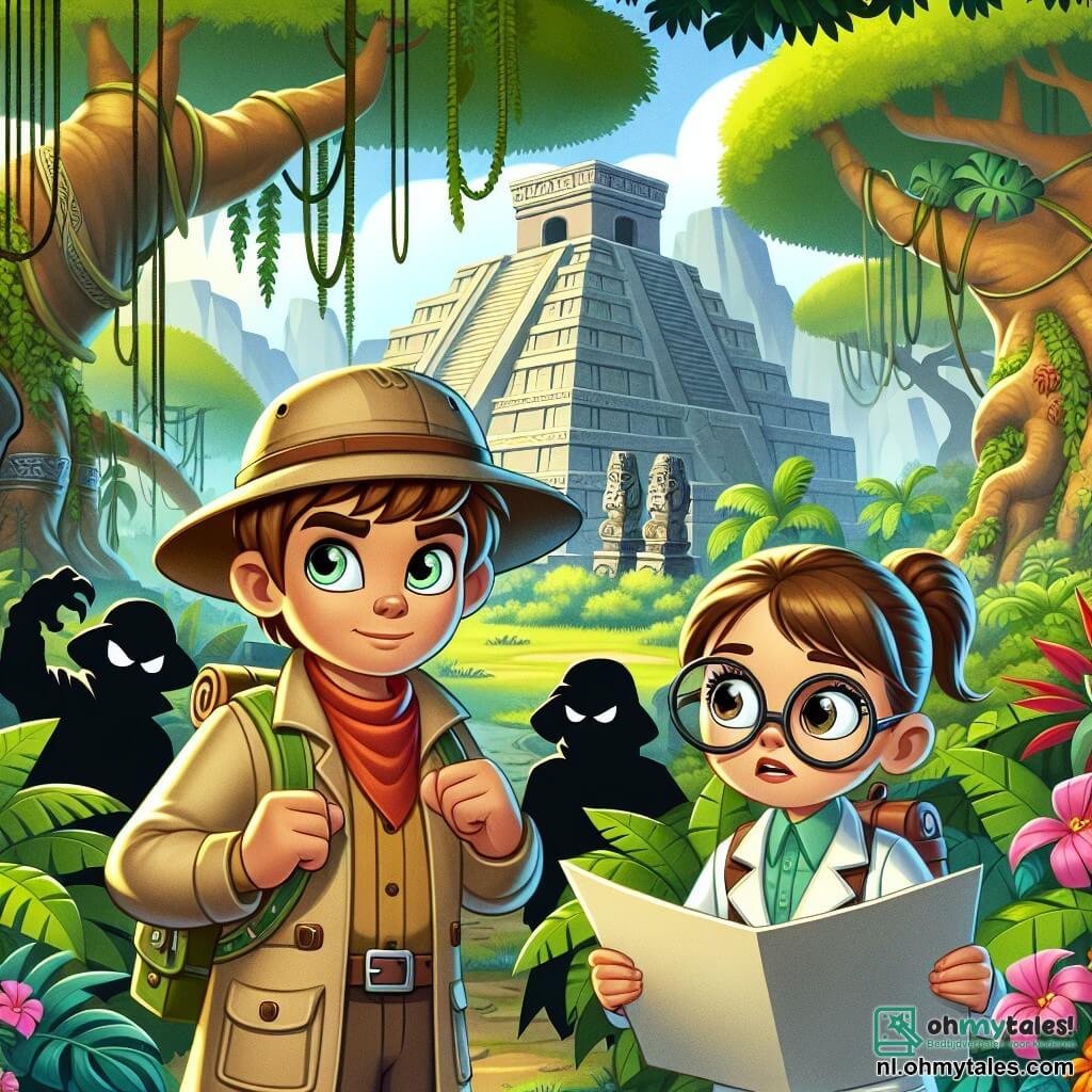 Une illustration sous forme de dessin destinée aux enfants représentant une jungle luxuriante avec des arbres géants et des fleurs colorées, où un homme aventurier aux cheveux bruns et aux yeux pétillants, portant un chapeau de explorateur et une veste pratique, se tient devant une ancienne ruine majestueuse, tandis qu'une femme scientifique aux lunettes rondes et aux cheveux attachés en chignon examine une carte, tous deux surpris par l'apparition de mystérieuses ombres de voleurs de trésors qui s'approchent furtivement, créant une atmosphère d'excitation et de mystère.