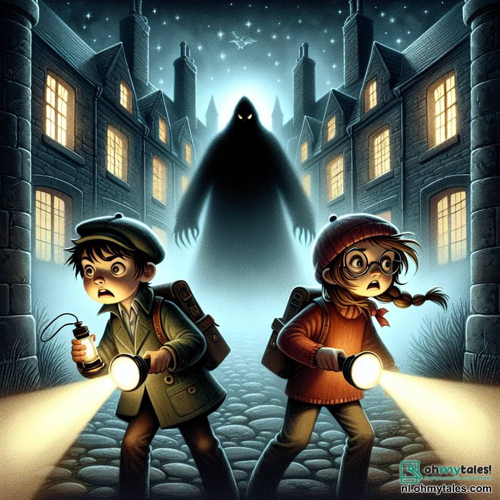 Illustratie van een nachtelijke scène op het schoolplein, omhuld door een lichte en mysterieuze mist. De gebouwen zijn oud, met grijze stenen muren en donkere ramen die de kinderen lijken te observeren. In het midden staat een groep van drie kinderen dapper, verlicht door het flikkerende licht van hun zaklampen. Een negenjarig jongetje, met rommelig bruin haar en sprankelende ogen van vastberadenheid, staat vooraan, met een licht gespannen maar vastberaden gezicht. Naast hem kijkt een negenjarig meisje, met een lange blonde vlecht en een bril, gefocust naar de donkere schaduw die zich voor hen aftekent, haar gezicht toont een mengeling van nieuwsgierigheid en angst. Ten slotte houdt een andere jongen, ook negen jaar oud, met een pet op zijn hoofd en een ondeugende glimlach, zijn zaklamp omhoog, klaar om het onbekende onder ogen te zien. Voor hen tekent zich een dreigende schaduw af, vaag en onduidelijk, die zich met een zekere soepelheid lijkt te bewegen, alsof het levend is. De scène is doordrenkt met een sfeer van spanning, met bladeren die zachtjes om hen heen vallen, en de maan die het landschap zwak verlicht, waardoor het mysterie van de nacht wordt benadrukt. Sterren twinkelen timide aan de hemel, wat een vleugje magie toevoegt aan deze angstaanjagende ontmoeting.