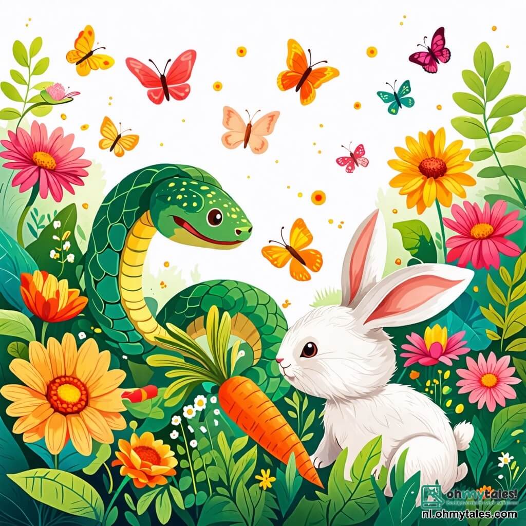 Une illustration sous forme de dessin destinée aux enfants représentant une magnifique jardin coloré rempli de fleurs éclatantes et de papillons virevoltants, où un serpent aux écailles vertes brillantes, enroulé autour d'une plante, aide un petit lapin aux grandes oreilles blanches à atteindre des carottes cachées sous des feuilles, illustrant ainsi l'amitié et la coopération entre les animaux.
