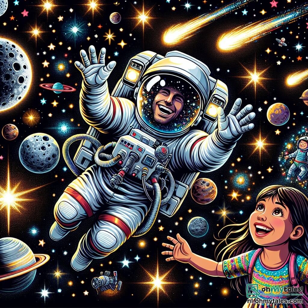 Illustratie die een uitgestrekte sterrenhemel toont, waar heldere sterren fonkelen als diamanten op een diepzwarte achtergrond. In het midden zweeft een astronaut, een man met een glanzende helm en een witte ruimtepak, vrolijk in de ruimte. Zijn gezicht is zichtbaar door de vizier, met een brede glimlach van verwondering. Naast hem staat een klein meisje van ongeveer 7 jaar, met lange bruine haren en een kleurrijk jurkje, dat gefascineerd naar de sterren kijkt. Ze steekt haar armen omhoog, alsof ze de sterren wil aanraken. De hoofdscene toont de astronaut en het meisje die een ontdekkingsmoment delen, omringd door kleurrijke planeten en een heldere maan op de achtergrond. Kometen vliegen vrolijk door de ruimte, wat een vleugje magie aan de scène toevoegt. De illustratie moet een gevoel van avontuur en verwondering overbrengen, met levendige kleuren en betoverende details om de verbeelding van kinderen te prikkelen.