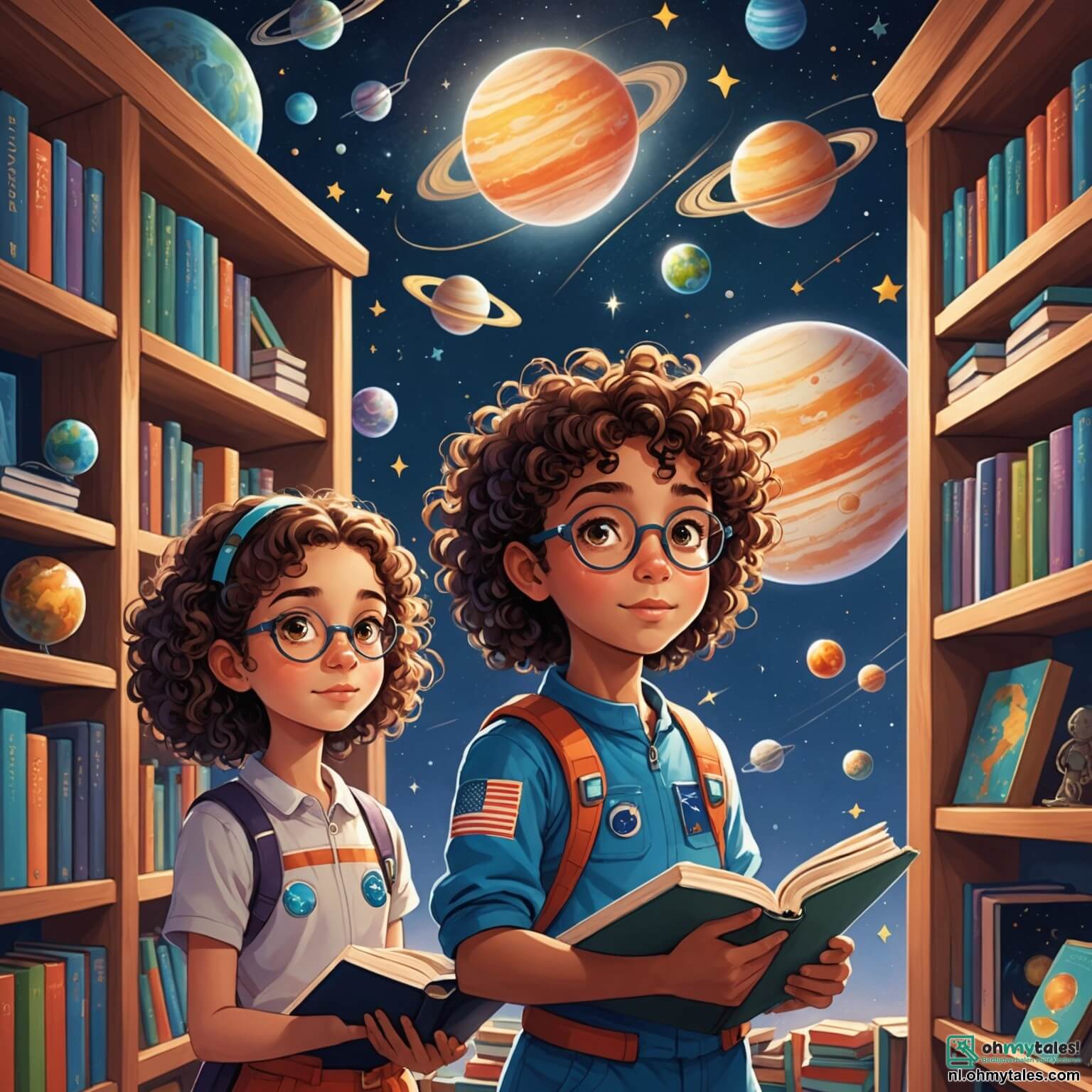 Une illustration destinée aux enfants représentant une jeune fille aux cheveux bouclés et aux yeux pétillants, rêvant de devenir astronaute, se tenant dans sa chambre décorée de posters colorés de planètes et d'étoiles scintillantes, entourée de son meilleur ami, un garçon curieux aux lunettes rondes, alors qu'ils explorent ensemble les mystères de l'espace à travers des livres fascinants dans une bibliothèque lumineuse, remplie de rayonnages en bois chargés de volumes sur la conquête spatiale et des maquettes de fusées, tout en imaginant des aventures palpitantes sur la Lune et Mars.