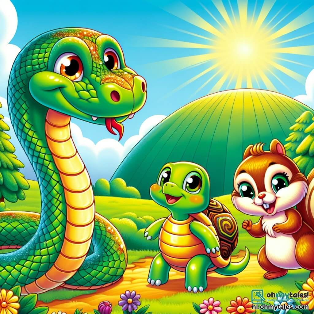 Une illustration sous forme de dessin destinée aux enfants représentant une magnifique et colorée jardin ensoleillé, avec un serpent aux écailles scintillantes dorées et vertes, enroulé autour d'une grande fleur, tandis qu'une joyeuse tortue à la carapace rayée et une espiègle écureuil aux yeux pétillants s'approchent d'elle avec curiosité, tous trois prêts à partir à l'aventure vers la grande colline au loin, où ils espèrent découvrir des merveilles et surmonter des défis ensemble.