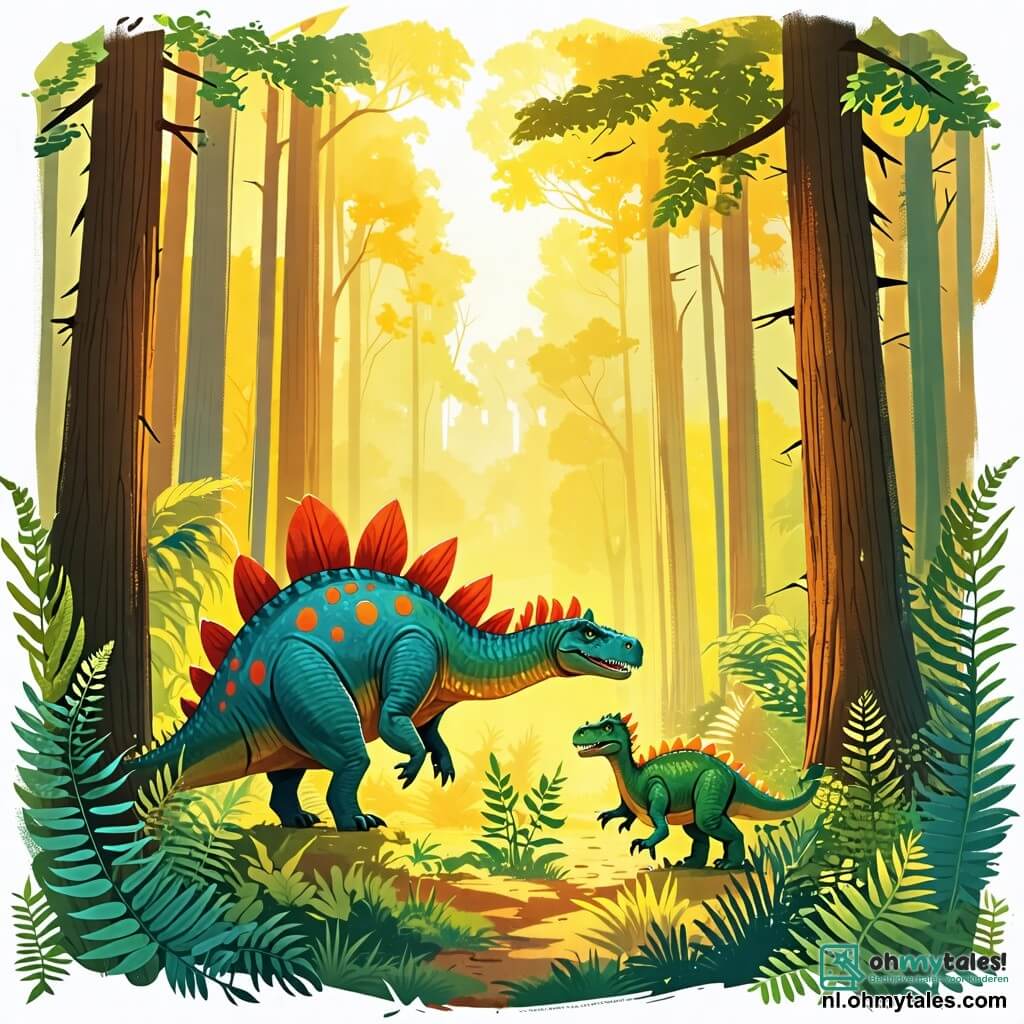 Une illustration sous forme de dessin destinée aux enfants représentant une vaste forêt préhistorique baignée de lumière dorée, où un stégosaure aux plaques dorsales colorées et aux grandes pattes robustes se penche joyeusement pour cueillir des feuilles vertes, tandis qu'un petit tyrannosaure rex, avec ses petites bras et son sourire espiègle, l'observe avec enthousiasme, tous deux partageant un moment de camaraderie et de découverte au milieu de grands arbres et de fougères luxuriantes.