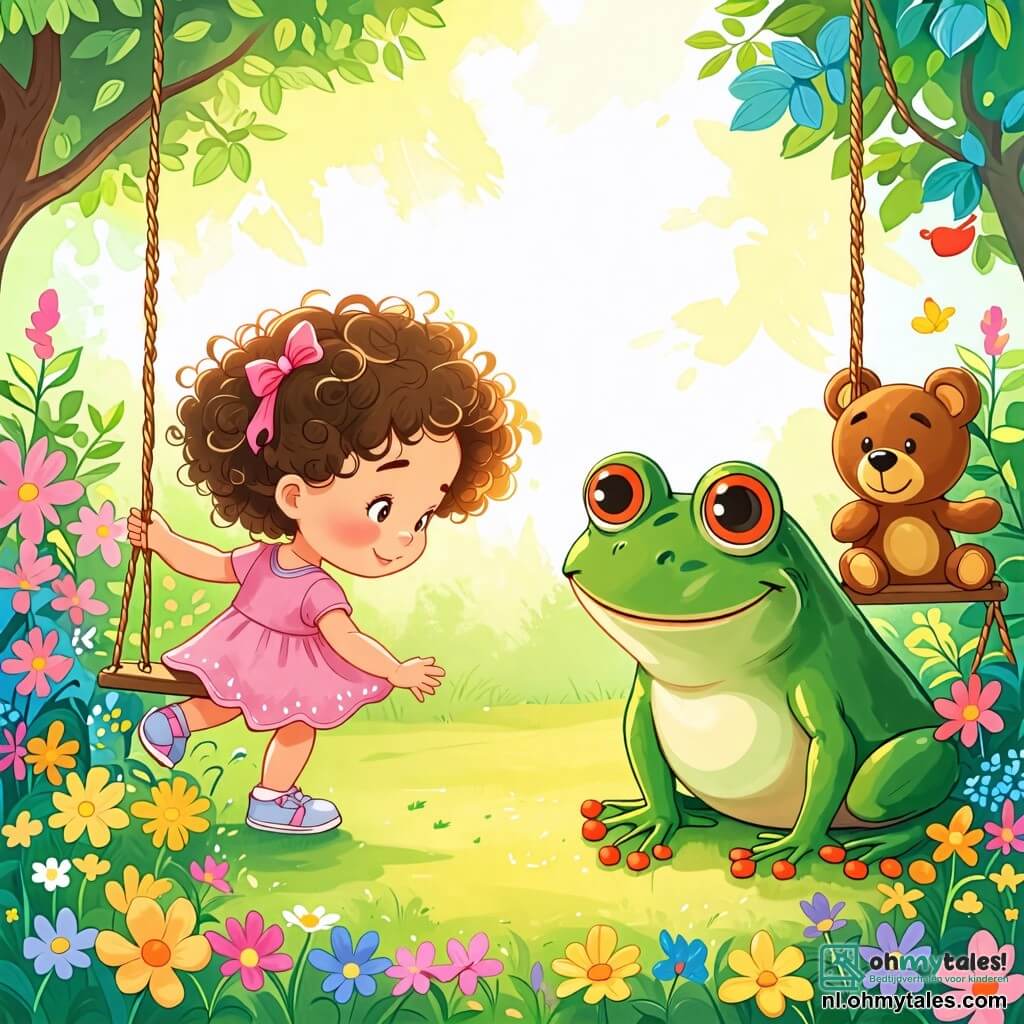 Une illustration sous forme de dessin destinée aux enfants représentant un jardin ensoleillé avec des fleurs colorées et une petite balançoire, où une fille de 2 ans aux cheveux bouclés et aux yeux pétillants cherche sa teddy bear brune nommée Bobby, tandis qu'une grande grenouille verte, avec des yeux ronds et un sourire amical, l'observe en sautillant près d'un buisson, créant une atmosphère de curiosité et d'aventure.