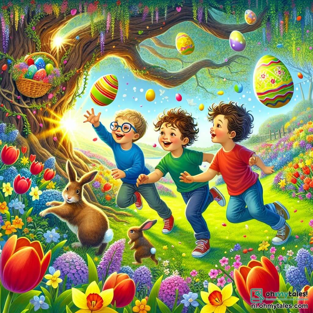 Illustratie van een magische scène in een kleurrijke tuin tijdens Pasen. De tuin is gevuld met stralende bloemen in felle kleuren, zoals rode tulpen, gele narcissen en viooltjes, met op de achtergrond een grote oude boom wiens takken vol hangen met bloemenkransen. Op de voorgrond rennen drie jongens van ongeveer 8 jaar, met bruin en blond haar, vrolijk rond. Een van hen, met een bril en een blauwe t-shirt, steekt zijn hand uit naar een groot glanzend geel ei dat over het gras rolt. Een andere jongen, met krullend haar en een rode t-shirt, lacht terwijl hij probeert het ei te vangen. De derde jongen, met een groene pet, kijkt verwonderd naar een klein konijn met grote oren dat hen observeert, met een ondeugende glimlach op zijn gezicht. In deze scène zijn de jongens omringd door kleurrijke paaseieren die in de lucht zweven en andere blije konijnen die om hen heen dansen. De sfeer is feestelijk en speels, vol vreugde en magie, en vangt de geest van het Paasavontuur.