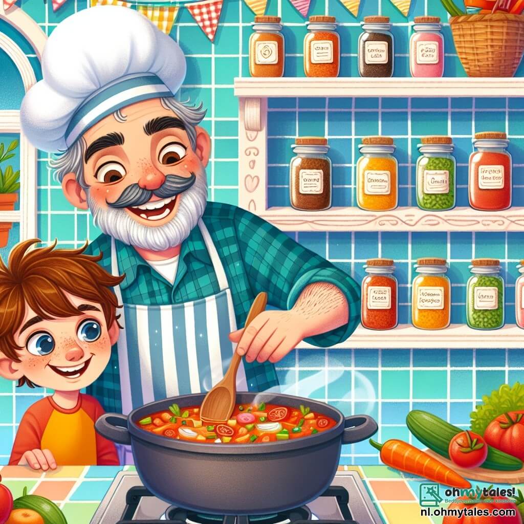 Une illustration sous forme de dessin destinée aux enfants représentant une cuisine chaleureuse et colorée, avec des murs en carrelage pastel et des étagères remplies de pots d'épices, où un homme jovial avec un grand sourire, portant un tablier à rayures et un chapeau de chef, prépare une sauce délicieuse dans une grande casserole, tandis qu'un garçon aux yeux pétillants et aux cheveux châtains, vêtu d'un t-shirt coloré, l'observe avec émerveillement et tient une cuillère en bois, illustrant ainsi le moment magique où ils créent ensemble un plat savoureux rempli de légumes frais et de couleurs vives.