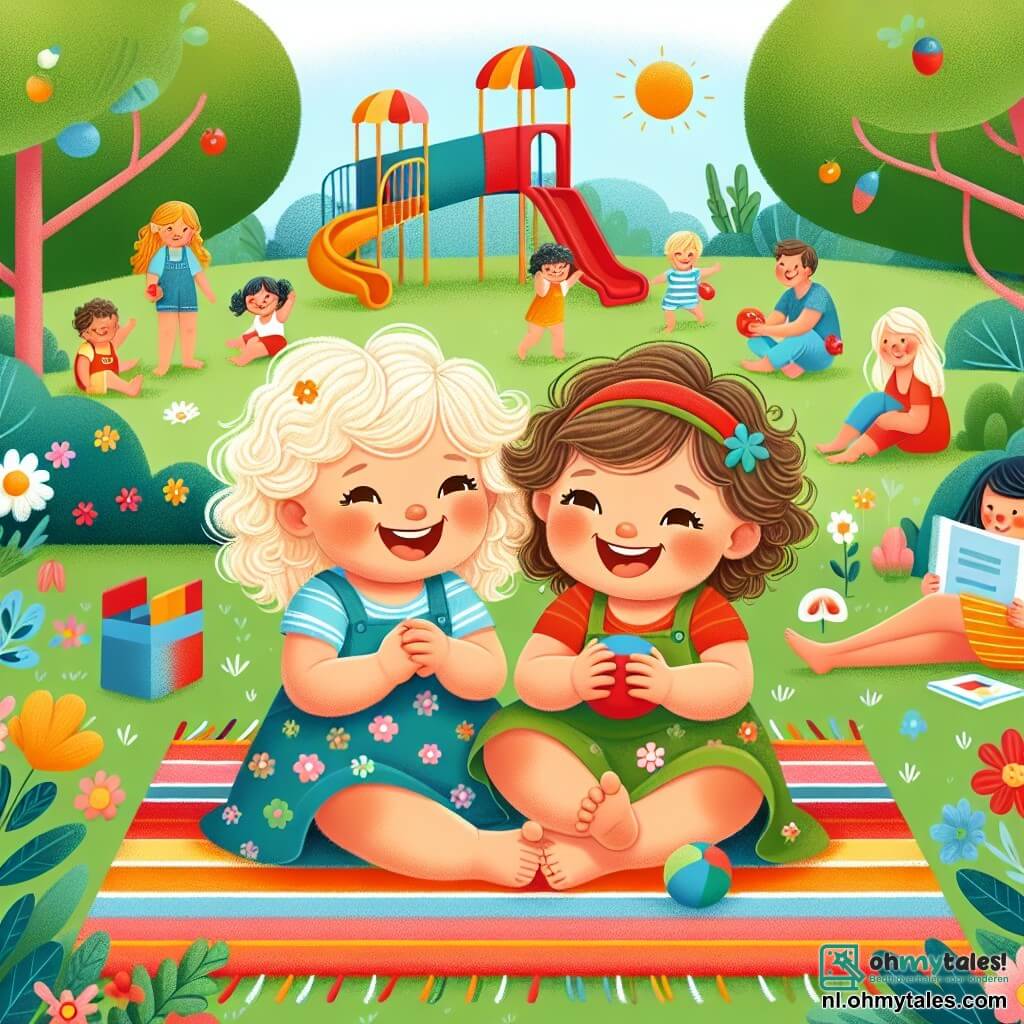 Illustratie van een park in de zomer, met een stralende blauwe lucht en een schitterende zon. In het midden zitten twee meisjes van 18 maanden, één met krullend blond haar en de ander met steil bruin haar, op een kleurrijke deken. Het blonde meisje lacht vrolijk, terwijl het bruinharige meisje een kleine rode bal in haar handen houdt. Om hen heen zorgen groene bomen en kleurrijke bloemen voor leven in de scène. Op de achtergrond spelen andere kinderen op een glijbaan en ontspannen ouders op banken. De sfeer is vrolijk en vol gelach, wat de geest van de zomervakantie vastlegt.