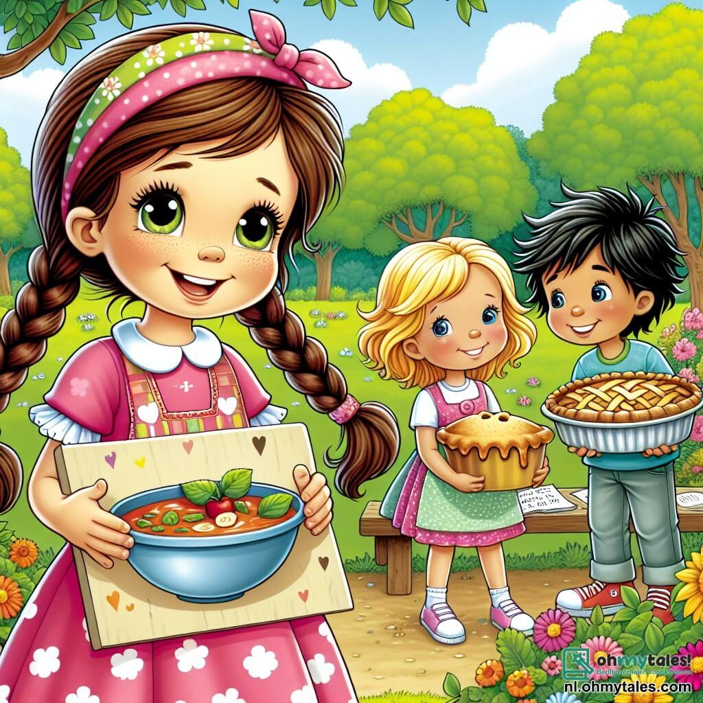 Une illustration sous forme de dessin destinée aux enfants représentant un parc ensoleillé avec des arbres verdoyants et des fleurs colorées, où une fille de 7 ans aux cheveux bruns en tresse, portant une robe rose à pois blancs, sourit joyeusement en tenant une carte faite à la main, tandis qu'à ses côtés, deux amis, un garçon aux cheveux blonds en bataille et une fille aux cheveux noirs en couettes, l'encouragent en tenant une grande soupe et une délicieuse tarte, symbolisant leur soutien et leur amitié pendant que sa mère, assise sur un banc, les observe avec un sourire reconnaissant, illustrant ainsi la force de l'amour et de l'amitié face à la maladie.