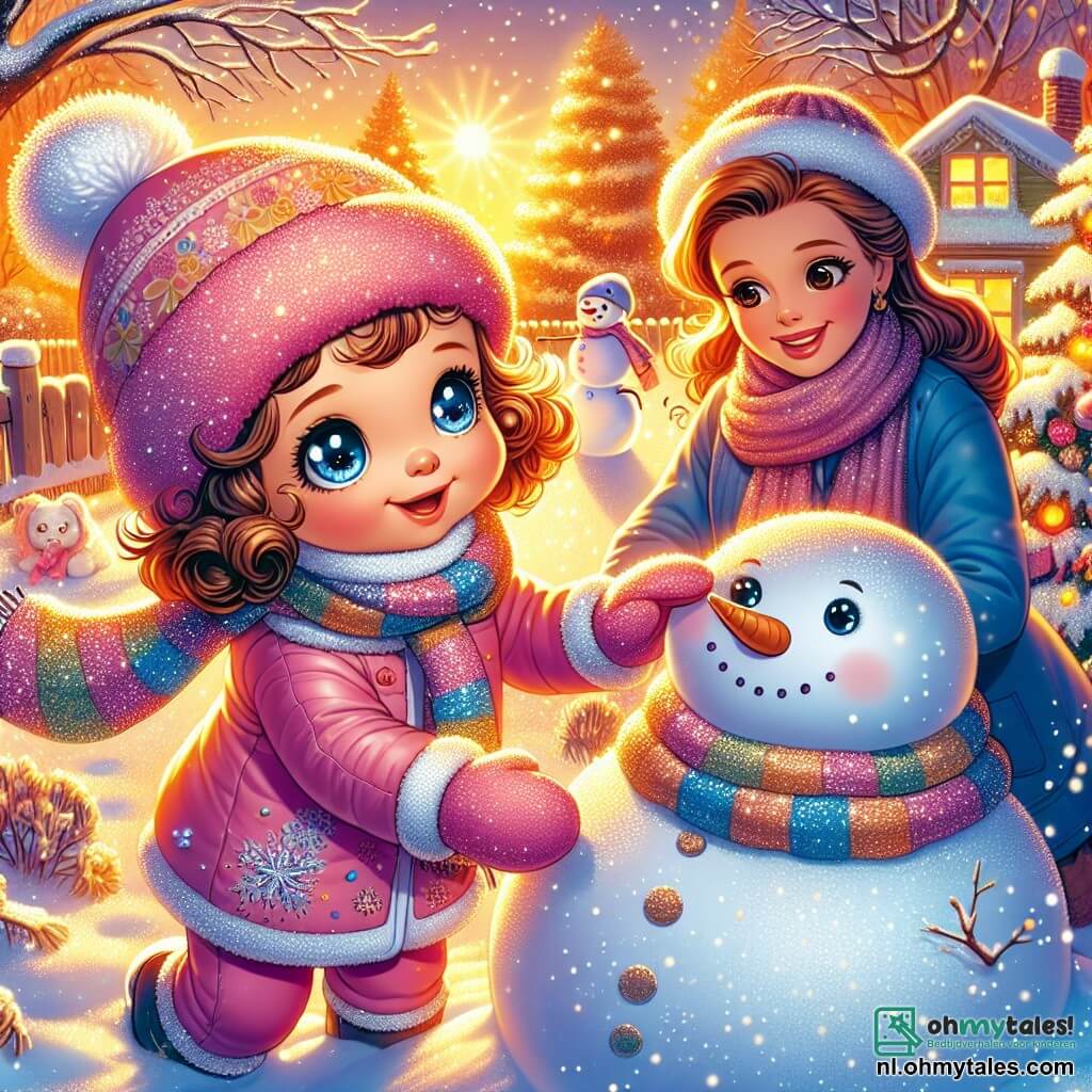 Une illustration sous forme de dessin destinée aux enfants représentant un jardin hivernal féerique, recouvert d'une épaisse couche de neige scintillante, où une petite fille de 3 ans aux grands yeux brillants et à la chevelure bouclée, vêtue d'une chaude combinaison rose et d'une écharpe colorée, s'amuse à construire une grande neige avec sa maman, une femme souriante aux cheveux châtains, portant un manteau bleu et un bonnet, tandis qu'une douce lumière dorée du soleil couchant illumine la scène, créant une atmosphère magique et joyeuse.