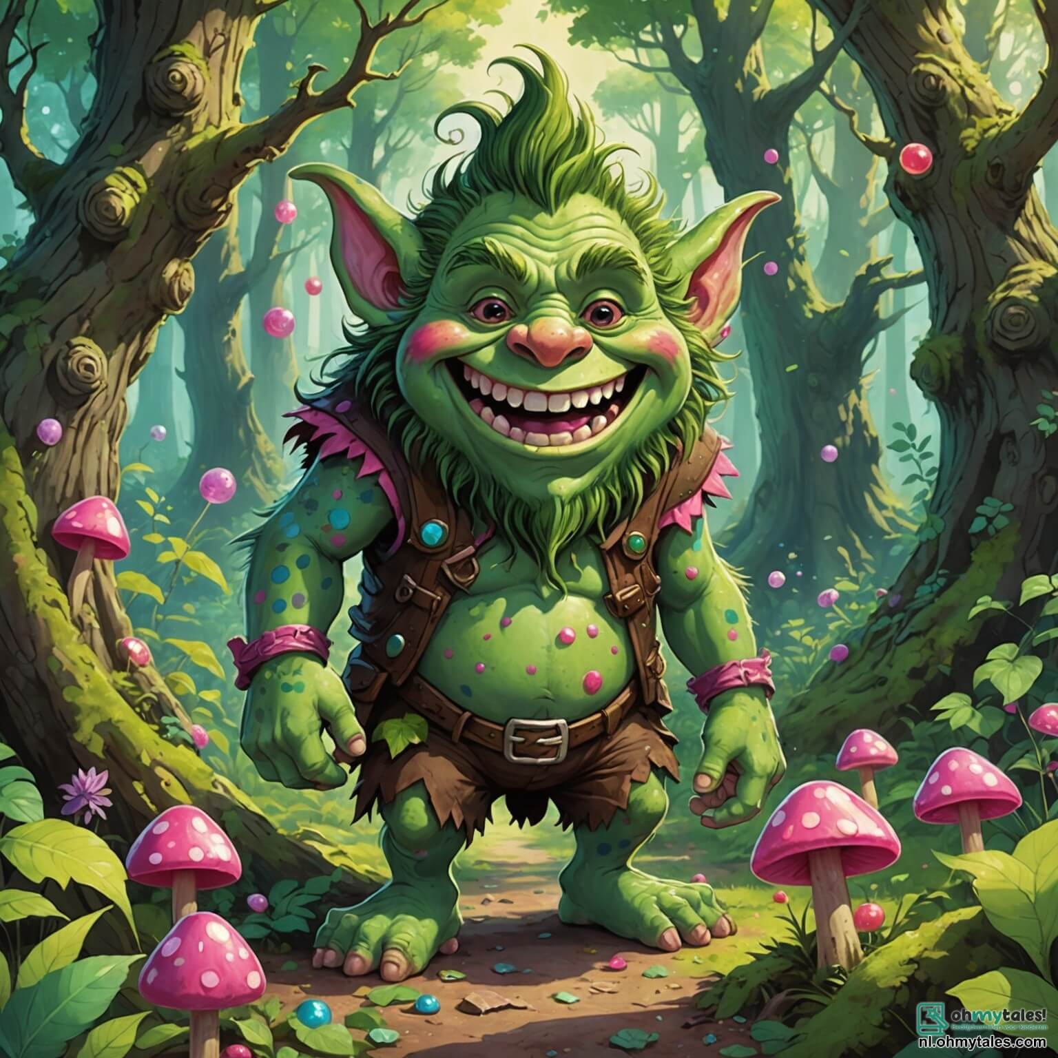 Une illustration destinée aux enfants représentant un troll espiègle et joyeux, avec une peau d'un vert éclatant parsemée de taches roses, des yeux pétillants de malice et une grande barbe touffue, se tenant au milieu d'une forêt enchantée où les arbres aux troncs torsadés portent des feuilles en forme de bonbons multicolores, tandis qu'il tente de retrouver ses précieux bonbons magiques perdus, entouré de ses amis, une petite fée aux ailes scintillantes de couleur arc-en-ciel, qui vole autour de lui en riant, et un hibou sage au plumage doré, perché sur une branche, qui lui donne des conseils, le tout se déroulant dans un monde féerique où les rivières brillent comme des diamants sous le soleil et où les fleurs chantent des mélodies joyeuses.