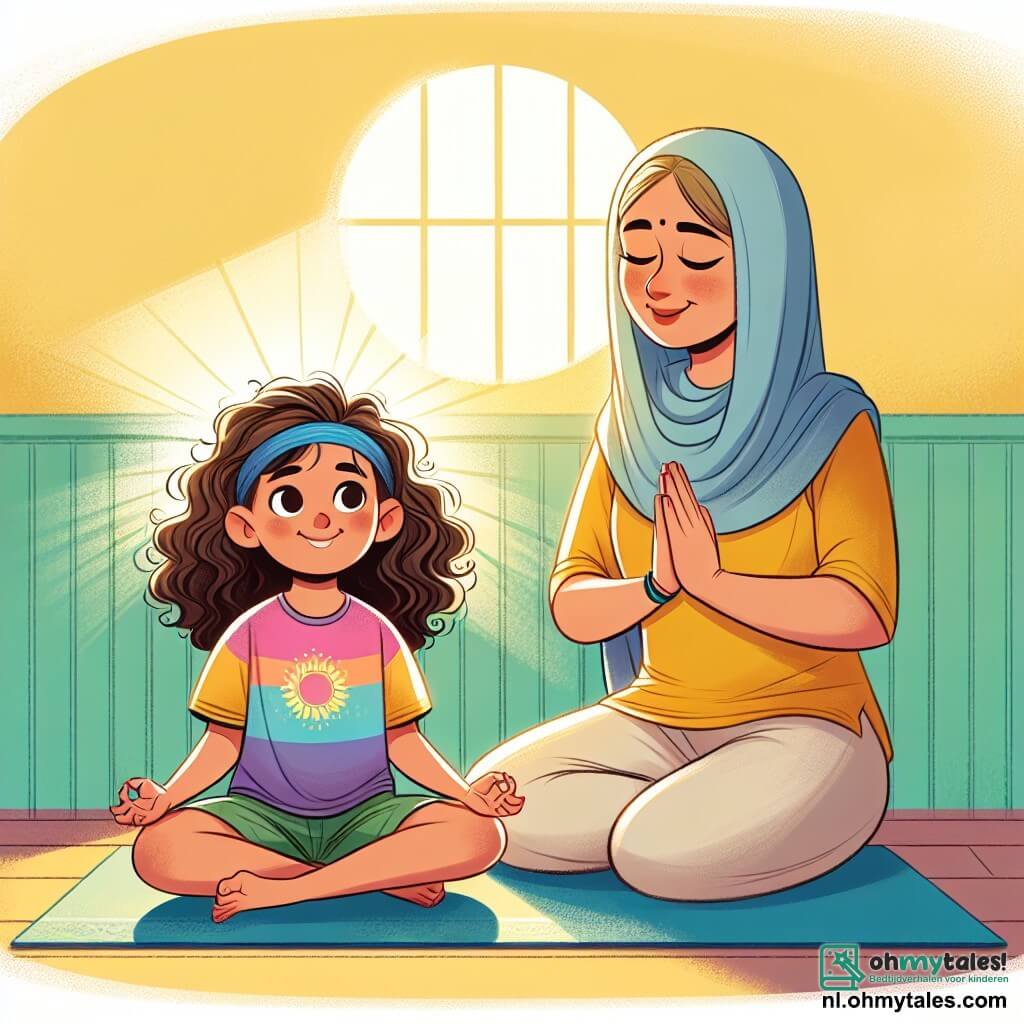 Une illustration sous forme de dessin destinée aux enfants représentant une chambre ensoleillée avec des murs peints en jaune pastel, où une fille de 7 ans aux cheveux bruns et bouclés, vêtue d'un t-shirt coloré et d'un short, est assise sur son tapis de yoga, souriante et concentrée, tandis qu'une femme, sa mère, aux cheveux longs et blonds, l'encourage avec un sourire bienveillant, le tout dans une atmosphère chaleureuse et apaisante, illustrant un moment de partage et de découverte de la méditation et du yoga pour surmonter les défis de la maladie.