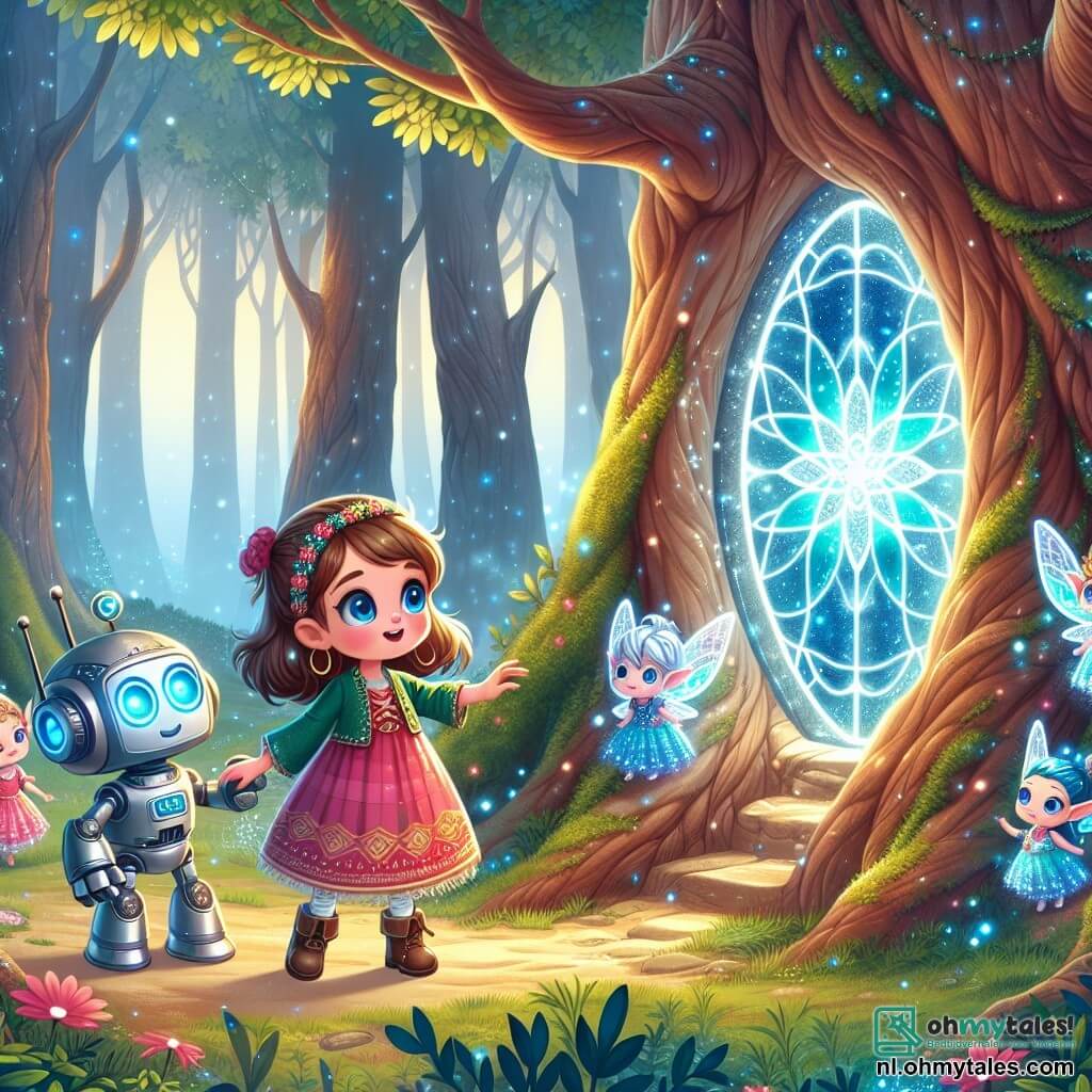 Une illustration sous forme de dessin destinée aux enfants représentant une scène magique dans une forêt enchantée, où une fille de 7 ans aux cheveux châtain clair et aux yeux bleus, vêtue d'une robe colorée, s'émerveille devant une porte en verre scintillante cachée derrière un grand chêne, tandis qu'un petit robot aux yeux lumineux et un groupe de Techelfen aux ailes brillantes l'entourent, tous impatients de découvrir les merveilles cachées derrière cette porte mystérieuse, le tout baigné dans une lumière douce et féerique.