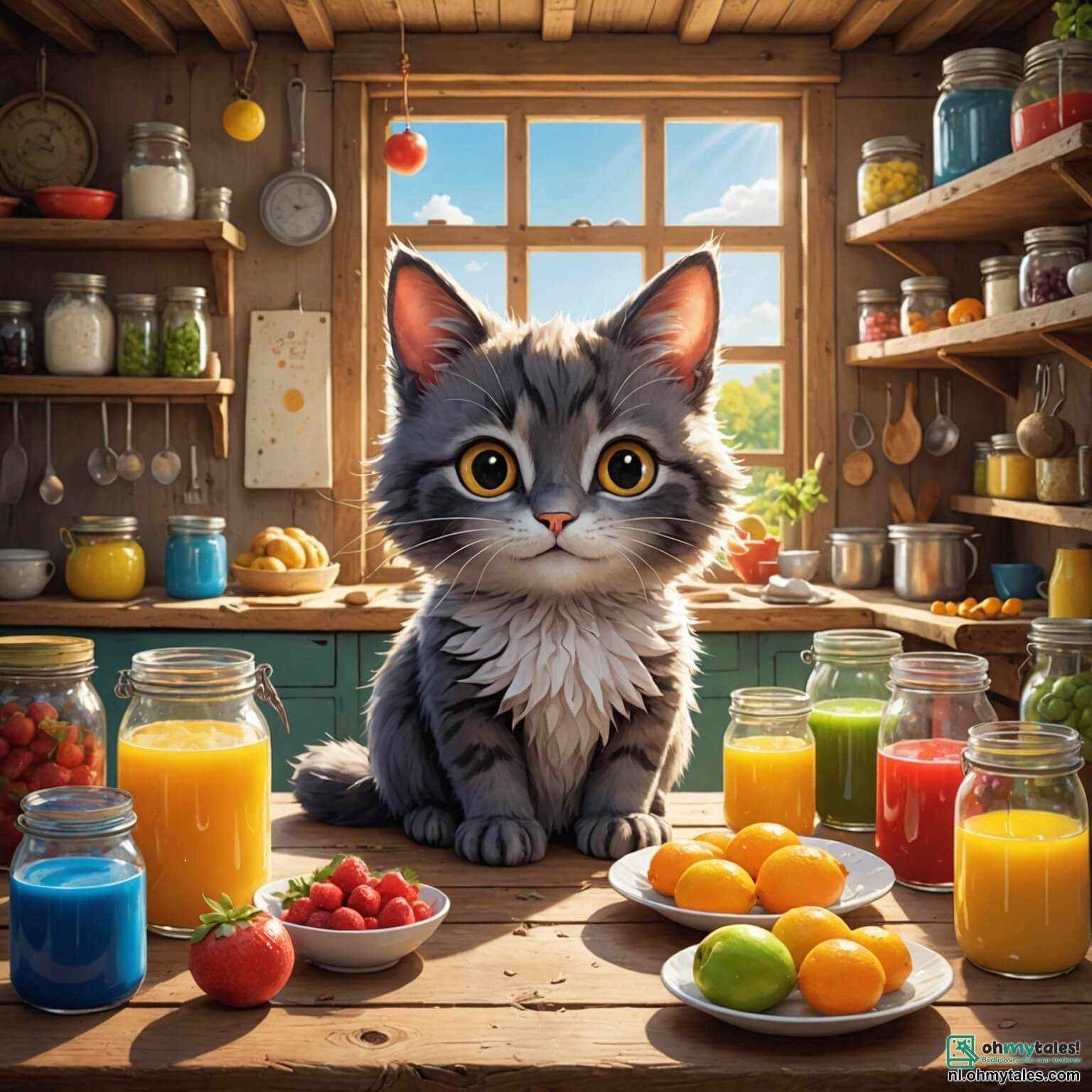 Une illustration destinée aux enfants représentant un chat aux yeux pétillants et à la fourrure soyeuse, se tenant fièrement sur une table en bois rustique dans une cuisine colorée remplie de pots en verre débordant de farine et de fruits juteux, tandis qu'il s'apprête à concocter des pannenkoeken délicieusement moelleux avec l'aide de son ami le lapin aux grandes oreilles et de leur sage voisin le hérisson, tous trois entourés de rayons de soleil filtrant à travers les fenêtres ornées de rideaux à fleurs, créant une ambiance chaleureuse et joyeuse dans leur charmant village de Fluffelwood.