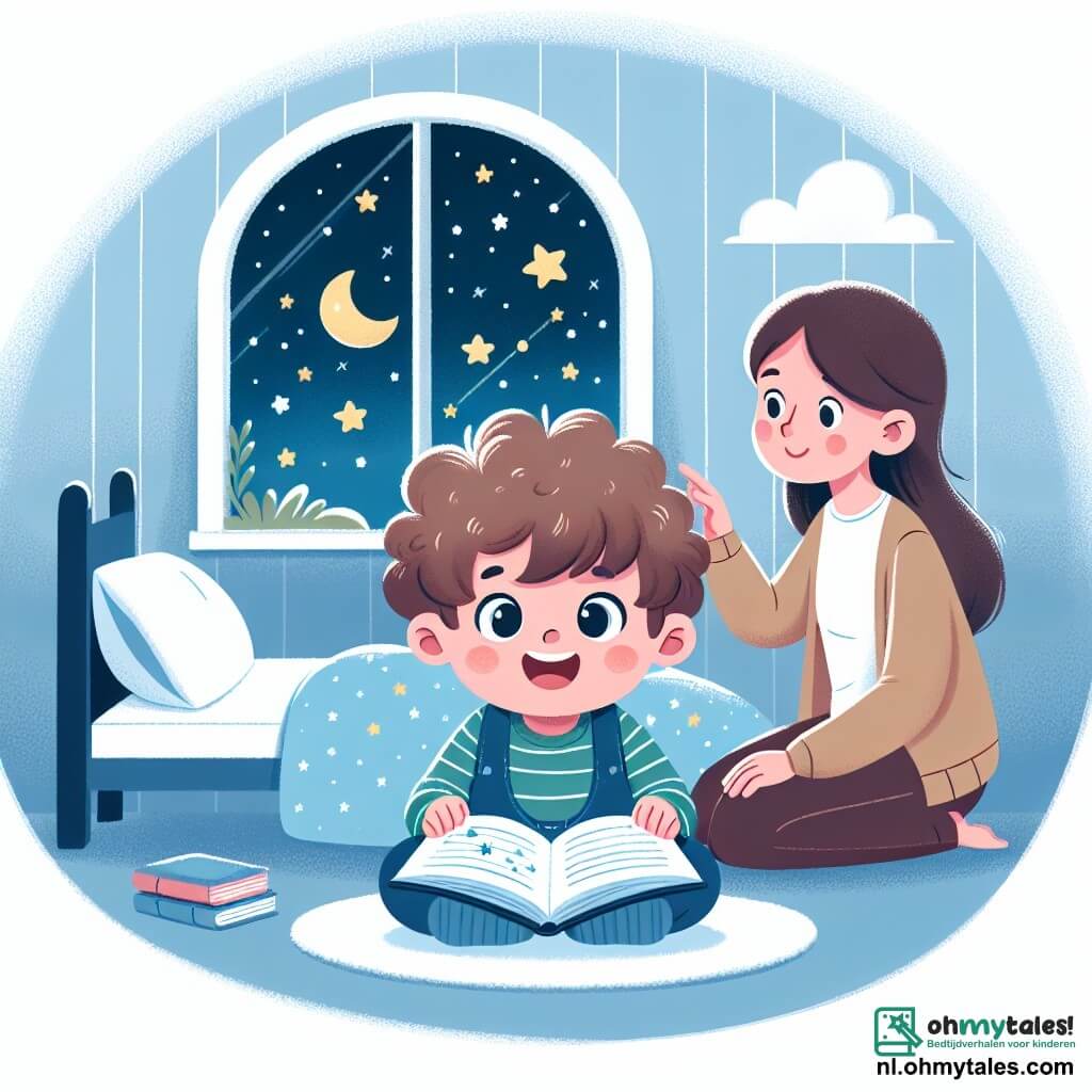 Une illustration sous forme de dessin destinée aux enfants représentant une chambre douillette avec des murs peints en bleu clair, où un petit garçon de 3 ans aux cheveux bouclés et aux yeux pétillants, assis sur son lit avec un livre ouvert sur ses genoux, regarde avec émerveillement par la fenêtre les étoiles scintillantes dans le ciel nocturne, tandis que sa maman, une femme douce aux cheveux longs et bruns, se tient à ses côtés en lui montrant les constellations, illustrant ainsi le moment où le garçon surmonte sa peur du noir en découvrant la magie des étoiles.