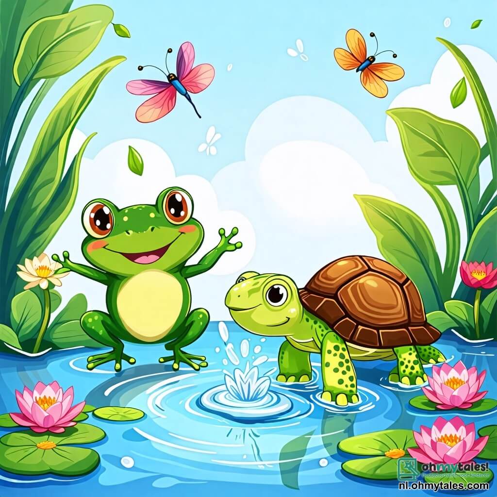 Une illustration sous forme de dessin destinée aux enfants représentant une charmante scène au bord d'une étincelante petite mare, où une grenouille verte aux yeux pétillants et au sourire espiègle saute joyeusement dans l'eau, provoquant de grandes éclaboussures, tandis qu'à côté, une tortue au carapace brune et aux traits doux observe avec curiosité, le tout entouré de nénuphars colorés et de libellules virevoltant dans un ciel bleu clair, illustrant leur amusante compétition de saut et de nage.