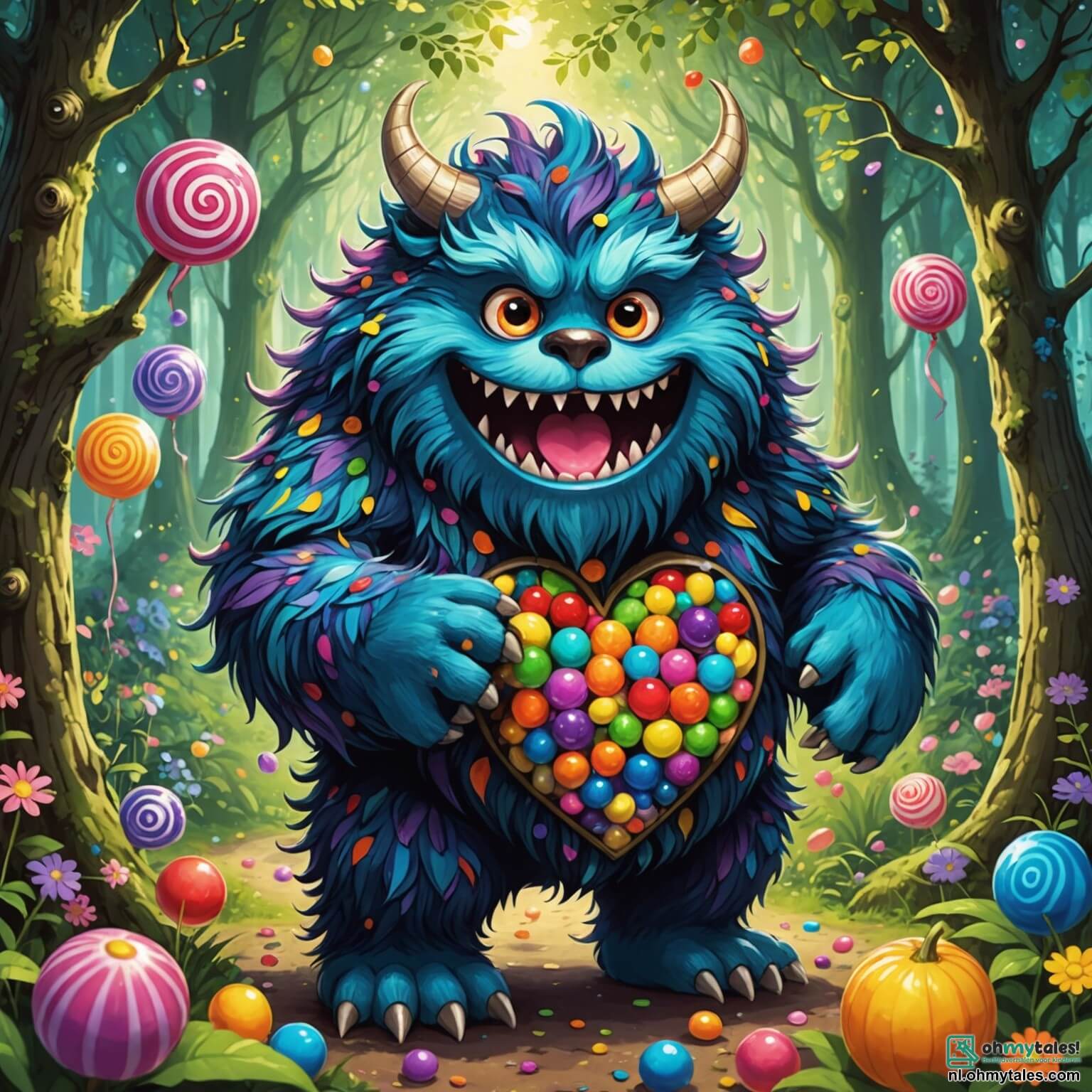 Une illustration destinée aux enfants représentant un grand monstre poilu et coloré, avec des yeux ronds et pétillants de malice, qui se trouve au cœur d'une forêt enchantée où les arbres sont faits de bonbons multicolores et où les fleurs chantent des mélodies joyeuses, tandis qu'il se lance dans une quête amusante pour retrouver une précieuse bague perdue, accompagné de ses fidèles amis, des Blubberbeertjes, de petites créatures rondes et rieuses, ainsi qu'une Bubbelslang, une serpente colorée au sourire éclatant, tous ensemble dans cette atmosphère magique et pétillante de joie, pleine de rires et d'aventures inattendues.