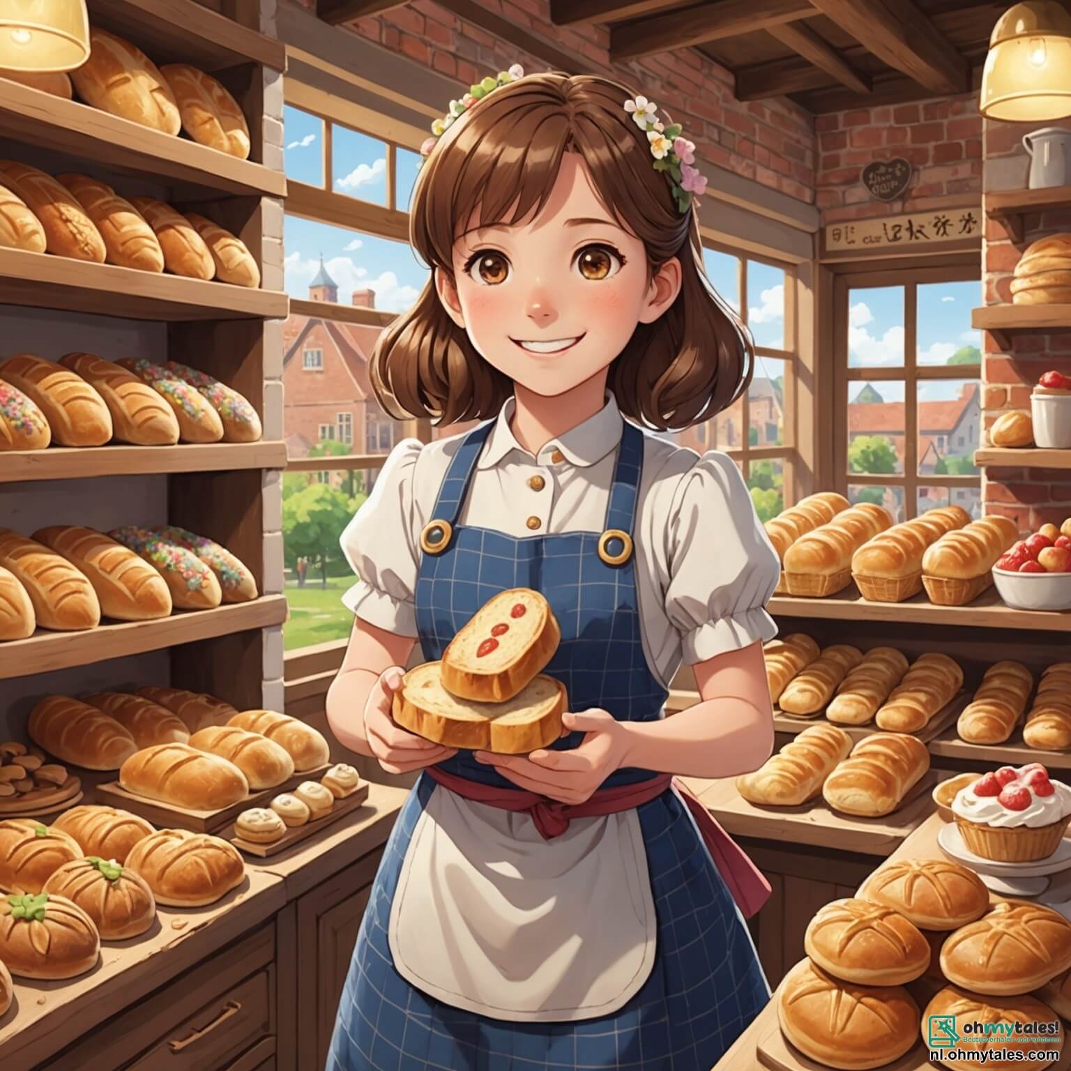 Une illustration destinée aux enfants représentant une femme pétillante aux cheveux châtains enjoués, vêtue d'un tablier fleuri, se tenant au cœur d'une boulangerie chaleureuse aux murs en briques rouges ornés de délicates étagères en bois chargées de pains dorés et de pâtisseries colorées, entourée de deux enfants curieux, un garçon aux yeux pétillants et une fille aux couettes rebondissantes, tous trois s'affairant joyeusement à pétrir et façonner des pains dans une ambiance remplie de rires et de l'irrésistible odeur de pain frais, alors qu'ils préparent ensemble un grand festin pour le village.