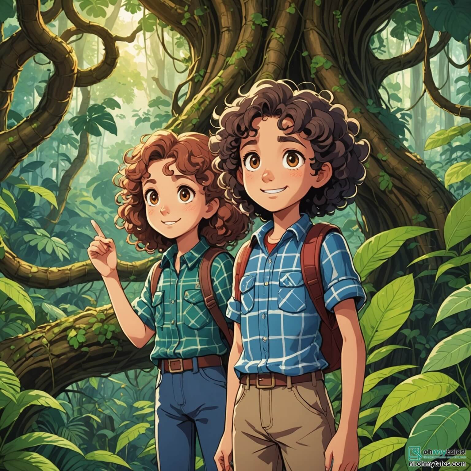 Une illustration destinée aux enfants représentant une jeune femme intrépide aux cheveux bouclés et aux yeux pétillants de curiosité, vêtue d'une chemise à carreaux et d'un pantalon pratique, se tenant fièrement devant une jungle luxuriante où des lianes serpentent entre d'immenses arbres aux troncs noueux, tandis qu'un jeune garçon espiègle, son frère, aux joues roses et au sourire malicieux, l'observe avec admiration, alors qu'ensemble ils se lancent dans une quête palpitante pour retrouver un trésor caché au cœur de cette forêt vibrante, peuplée de chants d'oiseaux colorés et de murmures mystérieux, où chaque pas les rapproche d'aventures inattendues et de découvertes fascinantes.