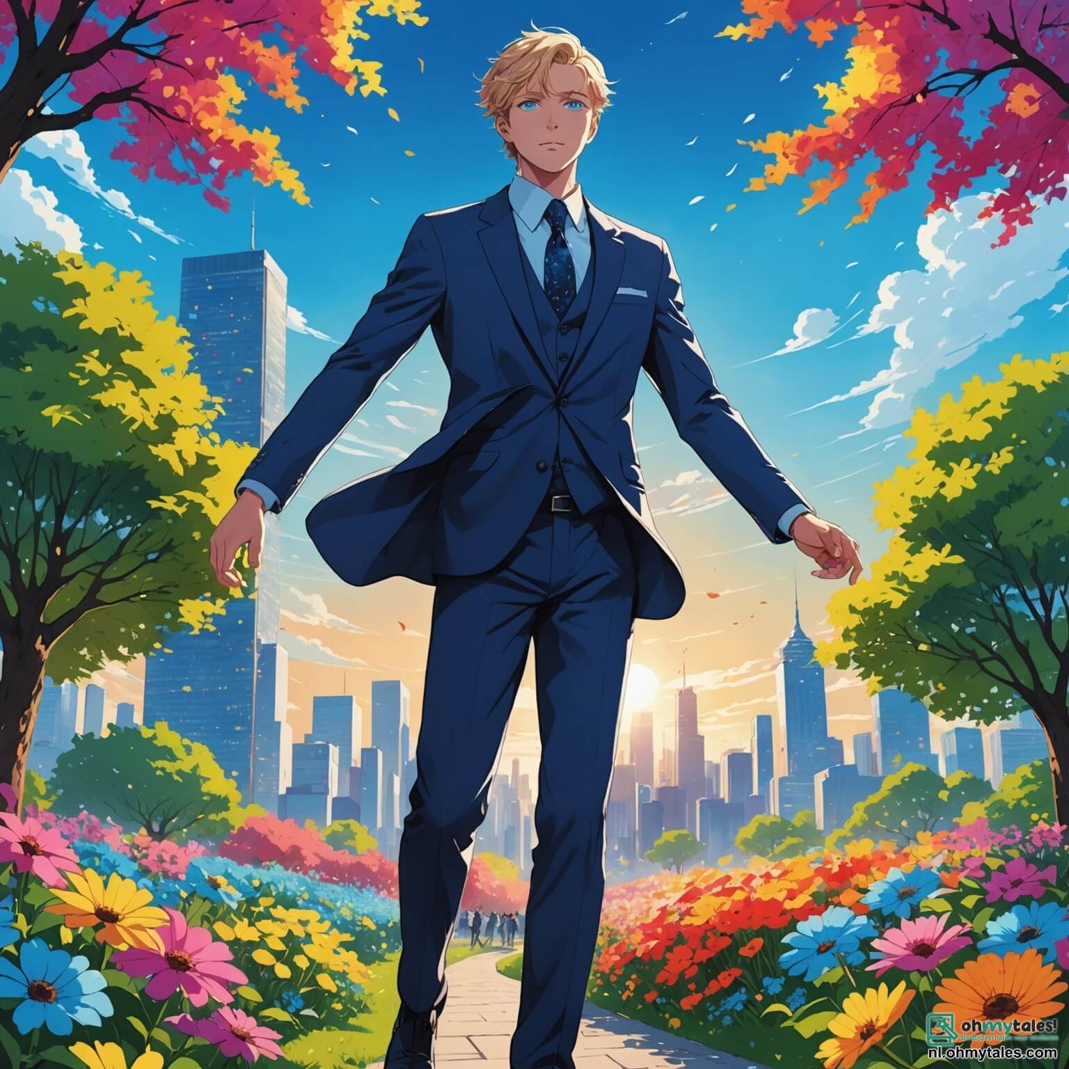 Une illustration destinée aux enfants représentant un homme aux yeux pétillants de bleu comme le ciel d'été, vêtu d'un costume éclatant de la même couleur, flottant majestueusement au-dessus d'un parc vibrant de couleurs où des fleurs aux teintes éclatantes dansent sous le doux souffle du vent, tandis qu'il fait face à une silhouette sombre et menaçante, un ennemi redoutable qui s'efforce de voler la joie et les couleurs de la ville, entouré de son fidèle ami, un garçon courageux au sourire éclatant, qui l'encourage à combattre l'obscurité et à restaurer l'harmonie dans cet endroit où les rires des enfants résonnent et où les arbres majestueux se dressent comme des gardiens de la paix.