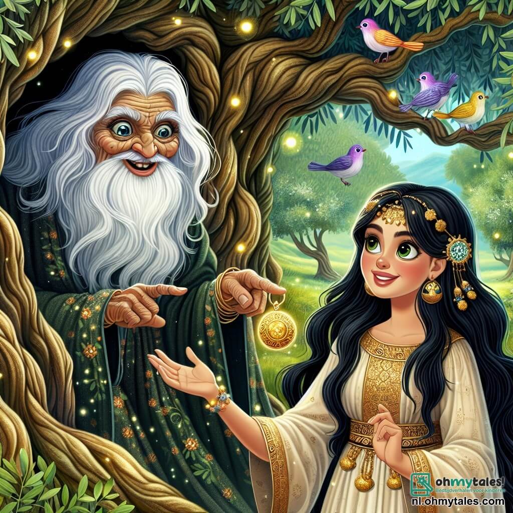 Une illustration sous forme de dessin destinée aux enfants représentant une scène magique dans la vallée verdoyante d'Athènes, avec une jeune femme aux longs cheveux noirs et aux yeux brillants, vêtue d'une robe légère ornée de motifs dorés, tenant une amulette scintillante dans sa main, entourée de l'ombre bienveillante d'une vieille sorcière au visage ridé et aux cheveux argentés, qui lui sourit tout en pointant vers un ancien olivier majestueux, alors qu'elles se préparent à résoudre une énigme pour retrouver un puissant artefact perdu, avec des oiseaux colorés volant autour d'elles et une lumière dorée filtrant à travers les feuilles.