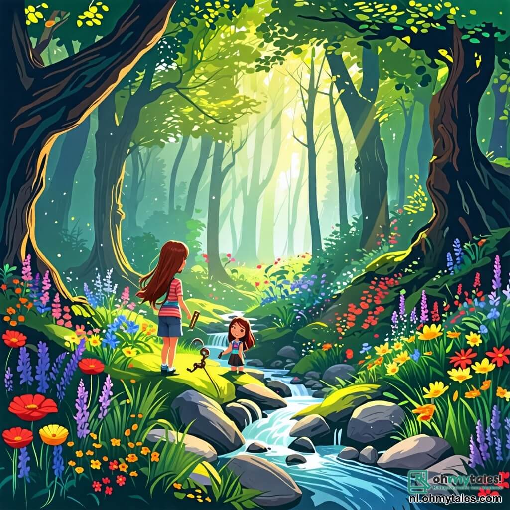 Illustratie van een magische scène in een betoverd bos, waar grote bomen met knoestige stammen naar de lucht reiken, hun glanzende groene bladeren het zonlicht filterend. Kleurrijke bloemen met stralende rode, gele en paarse bloemblaadjes bedekken de grond, terwijl een kleine beekjes glinsteren terwijl ze tussen de stenen kronkelen. In het midden van de afbeelding staat een 11-jarig meisje met lange, bruin haar dat in de wind waait, gekleed in een gestreepte blouse en een spijkerbroek. Ze heeft sprankelende ogen van nieuwsgierigheid en een stralende glimlach. Ze houdt een oude, roestige sleutel in haar hand en kijkt om zich heen met een uitdrukking van verwondering en opwinding. Naast haar staat een 11-jarige jongen met rommelig blond haar, gekleed in een groene t-shirt en een beige short, die aandachtig een oude kaart bestudeert die hij in zijn handen houdt. Zijn gezicht is geconcentreerd en hij lijkt klaar om een belangrijke ontdekking te delen. De hoofdscène toont de twee jonge avonturiers, omringd door de schoonheid van de natuur, klaar om een oud mysterie te verkennen. Op de achtergrond is er een majestueuze eikenboom te zien, symbool van hun zoektocht, met een mysterieuze opening in de stam die een aankomende avontuur suggereert. Zonnestralen breken door de takken en voegen een vleugje magie toe aan deze scène van verkenning en ontdekking.