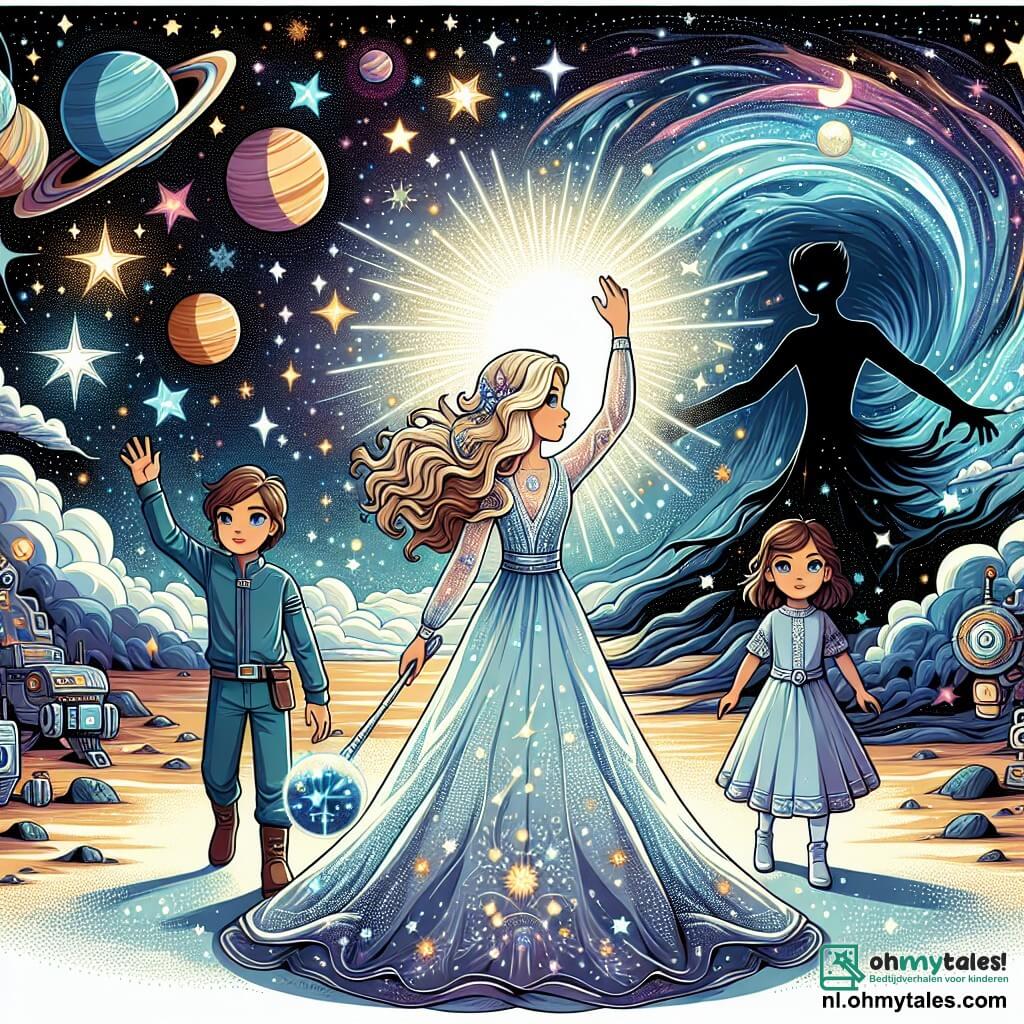 Une illustration sous forme de dessin destinée aux enfants représentant un vaste paysage cosmique rempli d'étoiles scintillantes et de planètes colorées, avec une jeune femme aux longs cheveux ondulés brillants comme des étoiles, vêtue d'une robe légère aux teintes de bleu et d'argent, levant la main pour créer un champ d'énergie lumineuse, tandis qu'à ses côtés se tiennent un garçon courageux avec un épée étincelante et une fille aux cheveux courts, manipulant des machines flottantes, tous trois faisant face à une ombre menaçante qui émerge d'une étoile sombre, symbolisant leur lutte pour sauver les étoiles de la menace de la duperie.