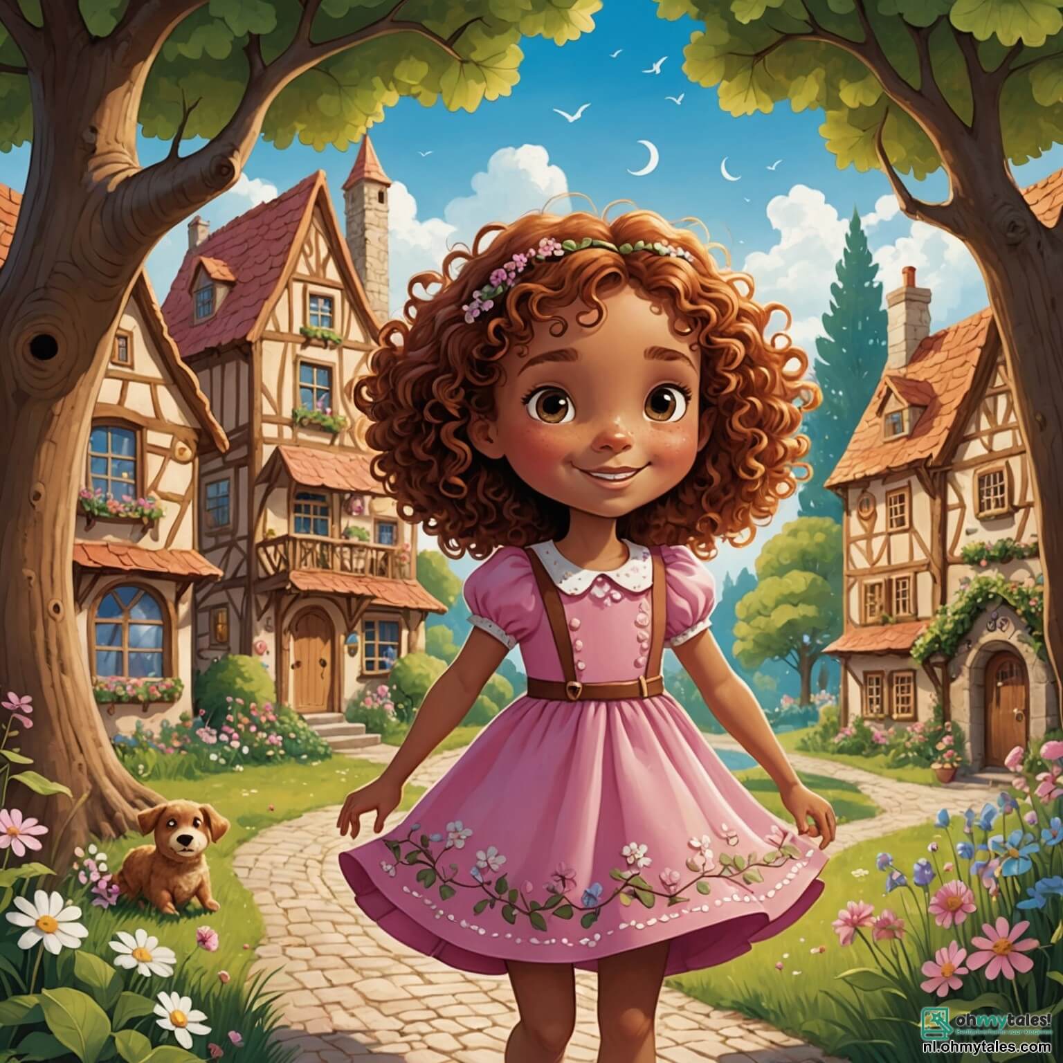 Une illustration destinée aux enfants représentant une fille pétillante aux cheveux en boucles couleur châtaigne, portant une robe rose ornée de petites fleurs dans un village enchanté où les maisons sont en pain d'épices et les arbres sont parés de feuilles scintillantes, se lançant dans une quête hilarante pour retrouver une mystérieuse hoquet magique qui fait rire tous les habitants, accompagnée de son meilleur ami, un garçon intrépide aux lunettes rondes et à l'imagination débordante, et d'une vieille sorcière malicieuse au sourire espiègle, le tout se déroulant dans un paysage féerique où le ciel est d'un bleu éclatant parsemé de nuages en forme de bonbons et où les ruisseaux murmurent des secrets enchantés.