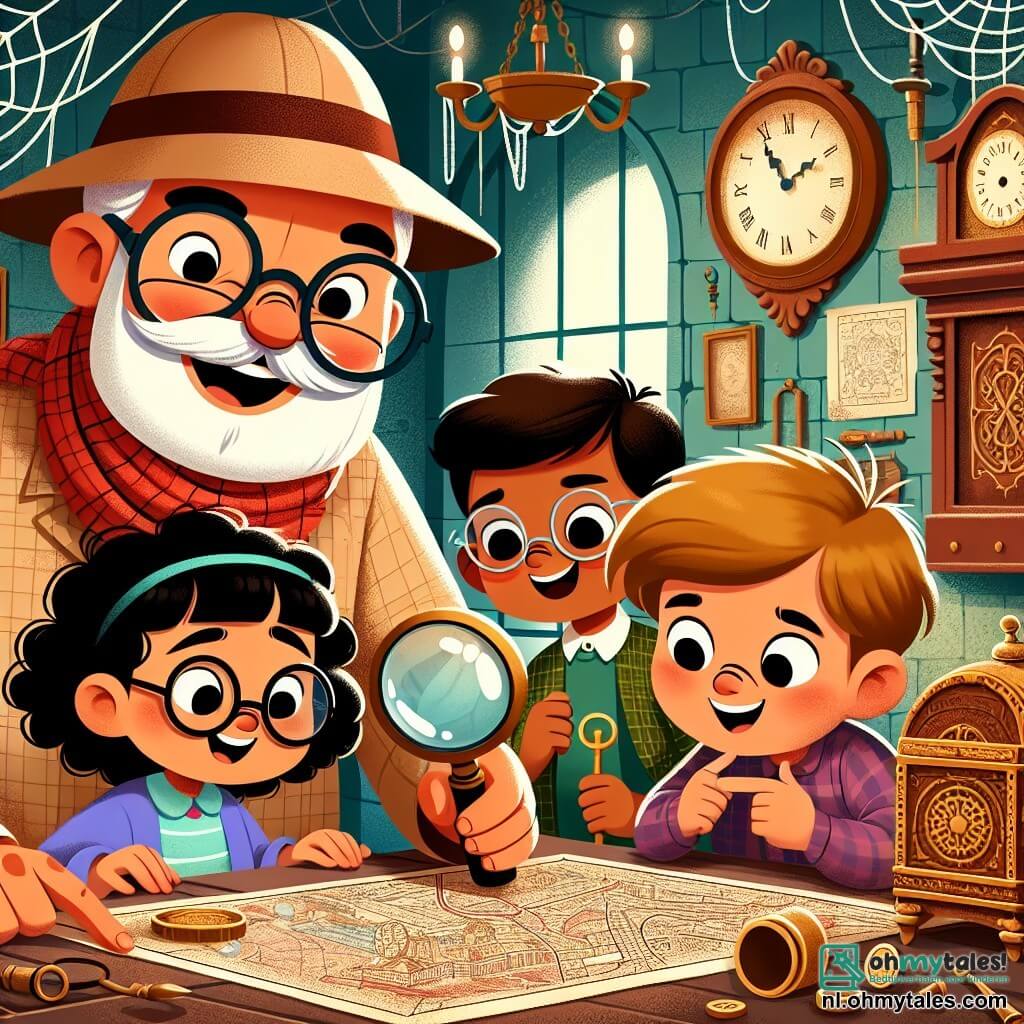 Une illustration sous forme de dessin destinée aux enfants représentant l'intérieur d'un vieux manoir poussiéreux avec des meubles anciens et des toiles d'araignée, où un homme au visage souriant, avec une grande moustache et un chapeau de détective, examine une vieille carte avec une loupe, entouré de trois enfants : une fille aux cheveux bouclés et aux lunettes, qui pointe une vieille horloge, un garçon aux cheveux blonds et aux yeux pétillants, qui tient une petite clé, et un autre garçon aux cheveux bruns, qui regarde avec curiosité un coffre mystérieux, alors qu'ils tentent de résoudre le mystère d'une ancienne invention cachée.