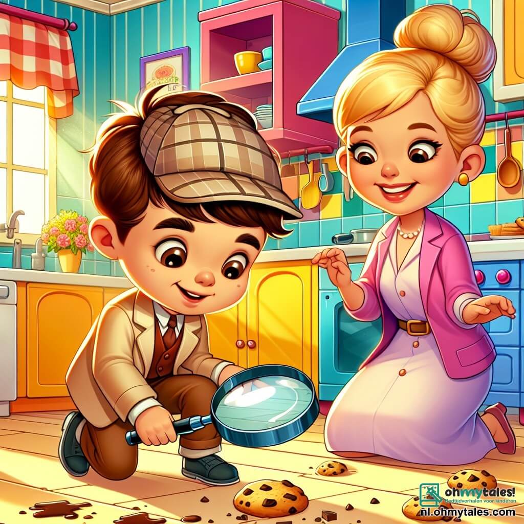 Une illustration sous forme de dessin destinée aux enfants représentant une cuisine ensoleillée avec des murs colorés, où un garçon de six ans, aux cheveux châtains et portant une petite casquette de détective, examine attentivement le sol avec un grand verre de loupe, tandis qu'une femme au sourire chaleureux, avec des cheveux blonds en chignon, se tient à côté de lui, l'air inquiet, alors qu'ils cherchent des indices pour retrouver des biscuits disparus, avec des miettes de chocolat éparpillées sur le sol et une odeur délicieuse de pâtisserie flottant dans l'air.