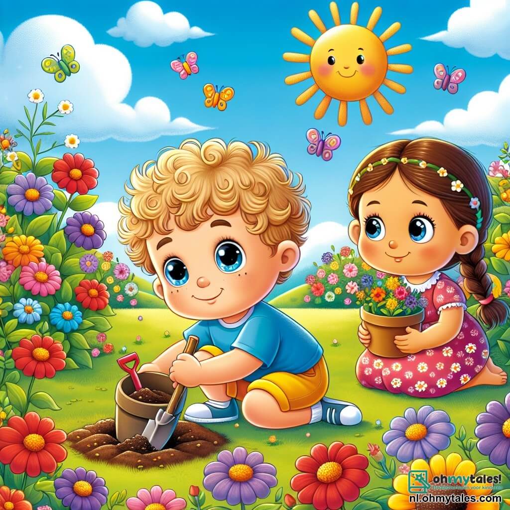 Illustratie van een kleurrijke tuin in de lente, vol met schitterende bloemen in tinten van rood, geel en paars. De lucht is helderblauw, met enkele donzige witte wolken, en de zon straalt vrolijk, waardoor de scène verlicht wordt. In het midden zit een 3-jarig jongetje met krullend blond haar en sprankelende ogen van nieuwsgierigheid in het groene gras. Hij draagt een blauwe t-shirt en een gele korte broek, en houdt een kleine plastic schep vast, geconcentreerd op het graven van een gat om een zaadje te planten. Zijn gezicht straalt grote vreugde en verwondering uit. Naast hem staat een 4-jarig meisje met gevlochten bruin haar en een roze jurk met bloemen, die met een glimlach toekijkt. Ze houdt een klein potje aarde in haar handen, klaar om te helpen bloemen te planten. Haar blik is vol enthousiasme en vriendschap. De belangrijkste scène toont het jongetje en het meisje die zaden planten in de tuin, omringd door al bloeiende bloemen. Kleurrijke vlinders vliegen om hen heen, en een vogel zingt op een nabijgelegen tak, wat een levendig tintje toevoegt aan deze mooie lentedag.