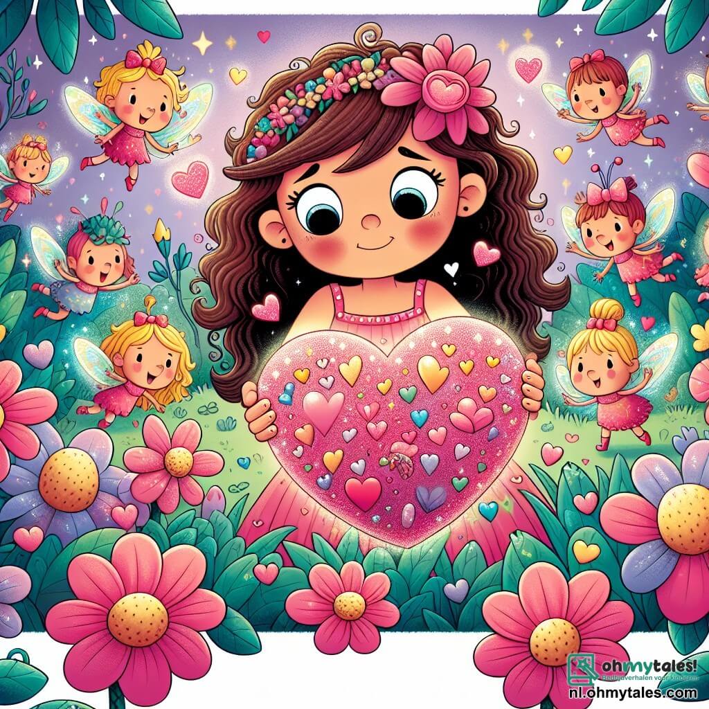 Une illustration sous forme de dessin destinée aux enfants représentant une Vriendschapstuin enchantée, pleine de fleurs colorées en forme de cœur, où une petite fille de 5 ans aux cheveux bouclés et aux yeux pétillants, vêtue d'une robe rose, tient un grand cœur scintillant dans ses mains, entourée de petits êtres féeriques aux ailes brillantes et aux visages joyeux, qui dansent autour d'elle en chantant, alors qu'elle découvre le grand Valentijnshart caché sous une plante, symbolisant l'amour et l'amitié.