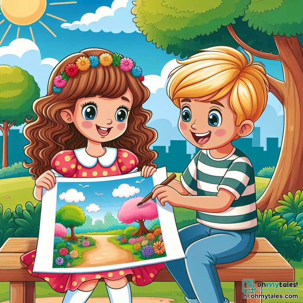 Une illustration sous forme de dessin destinée aux enfants représentant un parc verdoyant par une belle journée ensoleillée, où une fille de 9 ans aux cheveux châtains bouclés, vêtue d'une robe colorée, est assise sur un banc en bois, concentrée sur son dessin d'un paysage fleuri, tandis qu'un garçon de son âge, avec des cheveux blonds et un t-shirt à rayures, l'encourage avec un large sourire, symbolisant la confiance en soi et l'importance de croire en ses rêves.