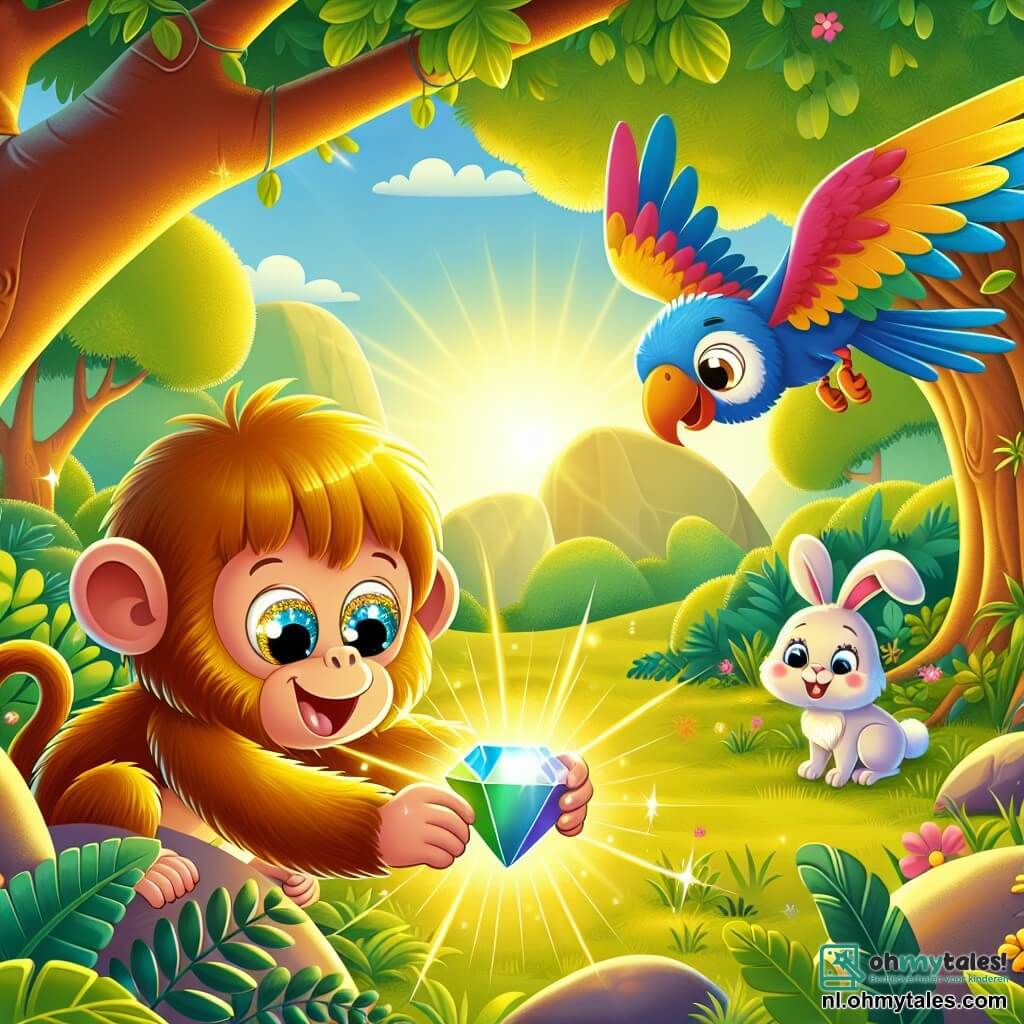 Une illustration sous forme de dessin destinée aux enfants représentant une clairière ensoleillée au cœur d'une forêt verdoyante, où un singe à la fourrure dorée et aux grands yeux pétillants, suspendu à une branche, observe avec curiosité une magnifique pierre brillante, tandis qu'à ses côtés, une papegaai colorée aux plumes éclatantes vole joyeusement et un petit lapin aux grandes oreilles, l'air triste, cherche son jouet perdu, le tout baigné dans une atmosphère de camaraderie et d'aventure.