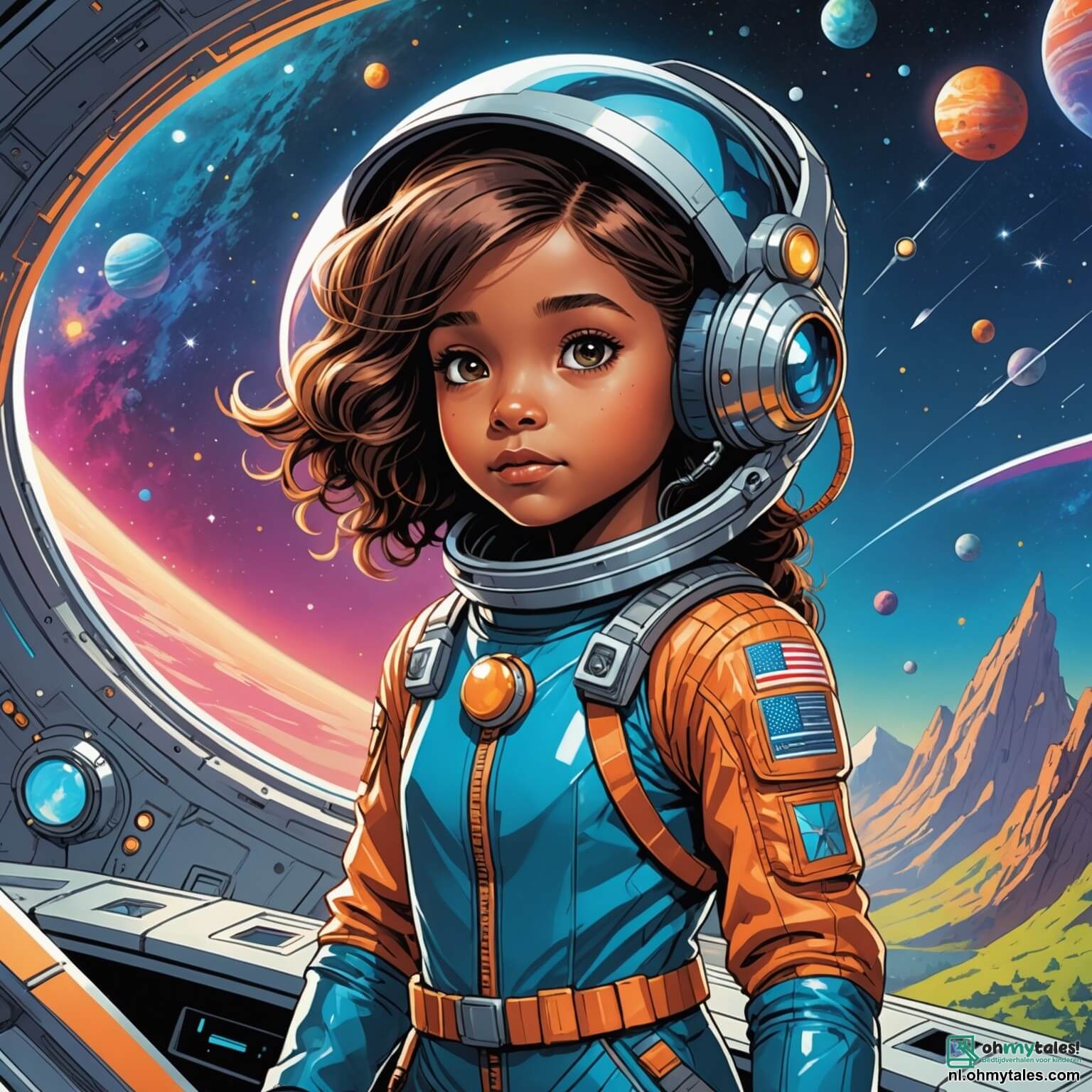 Une illustration destinée aux enfants représentant une jeune fille aux cheveux brillants comme des étoiles, aux yeux pétillants de curiosité et de détermination, vêtue d'une combinaison spatiale étincelante, se tenant fièrement à bord d'un vaisseau spatial futuriste aux lignes élégantes et aux couleurs chatoyantes, tandis qu'elle se prépare à explorer une planète lointaine, où des paysages enchanteurs de forêts luminescentes et de montagnes scintillantes s'étendent à perte de vue, accompagnée de son meilleur ami, un garçon au sourire contagieux et à l'esprit vif, qui partage son rêve d'aventure intergalactique, et d'un sage extraterrestre aux écailles iridescentes, dont les yeux sages et bienveillants semblent connaître tous les secrets de l'univers, le tout baigné dans la lumière d'un soleil éclatant qui illumine ce monde mystérieux et fascinant.