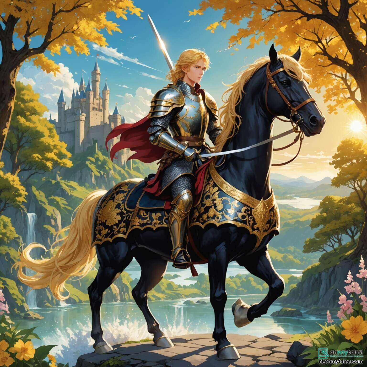 Une illustration destinée aux enfants représentant un chevalier intrépide, un jeune homme à la chevelure dorée scintillant sous le soleil, vêtu d'une armure étincelante ornée de motifs de dragons et de fleurs, brandissant un épée brillante, se tenant fermement sur un cheval noir majestueux, dans un royaume enchanteur où des châteaux aux tours élancées se dressent fièrement au milieu de forêts verdoyantes et de rivières étincelantes, tandis qu'une reine bienveillante, une femme à la robe chatoyante et à la couronne scintillante, l'observe avec admiration depuis les balcons du château, alors qu'une ombre menaçante se profile à l'horizon, annonçant une quête périlleuse pour sauver leur terre des ténèbres.